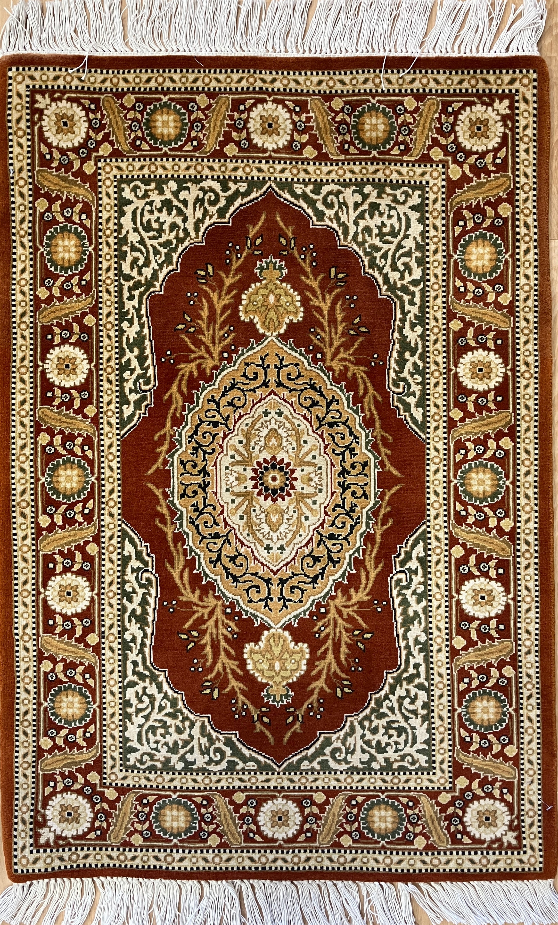 Tabriz - 2' 03" x 3' 03" Rug - Orange / Rust, Green & Ivory - Hand Knotted Traditional Classic Wool Rug
