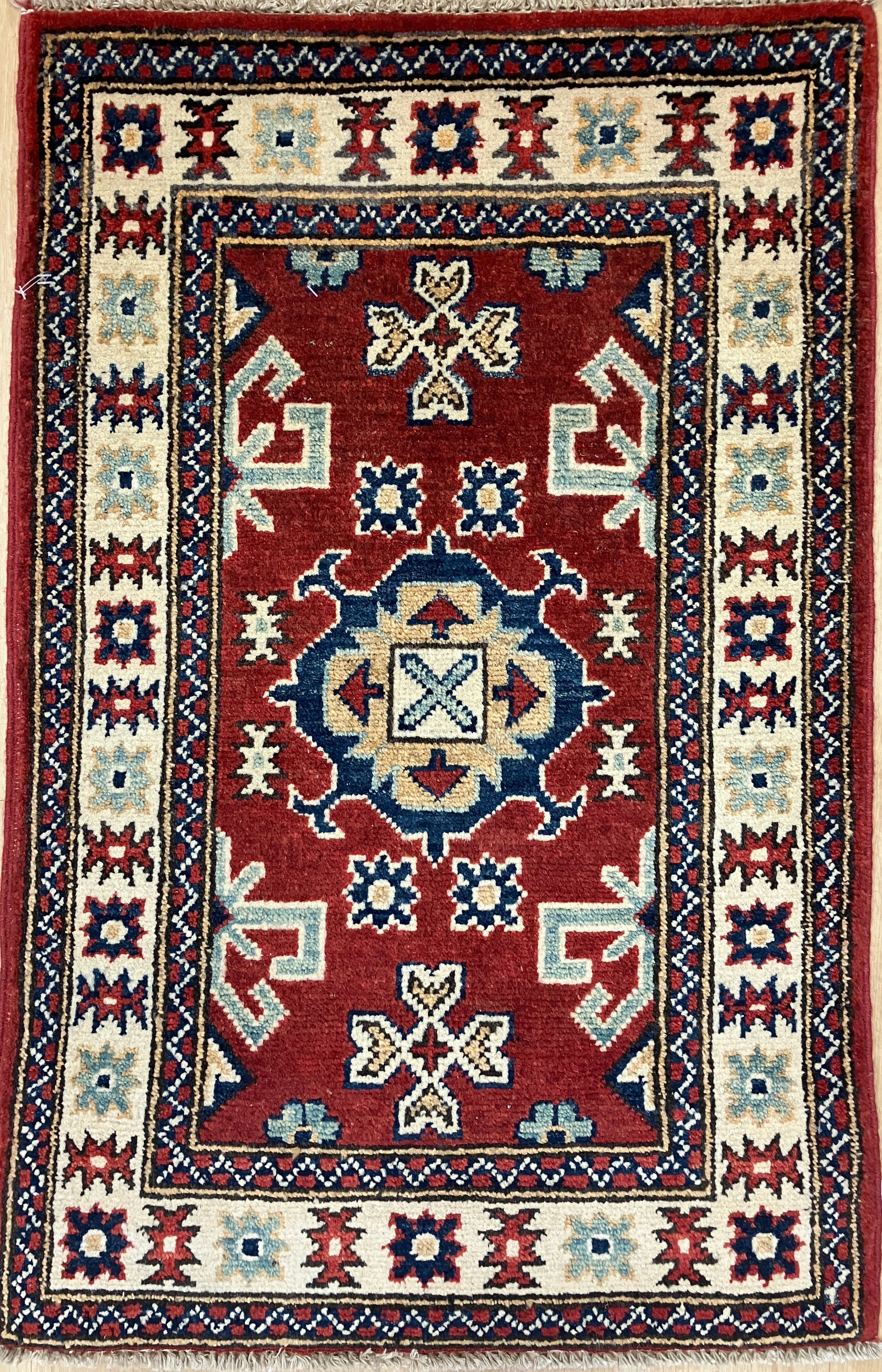 Kazak - 2' x 3' Rug - Red White & Blue - Hand Knotted Traditional Classic Wool Kazak Rug Mat