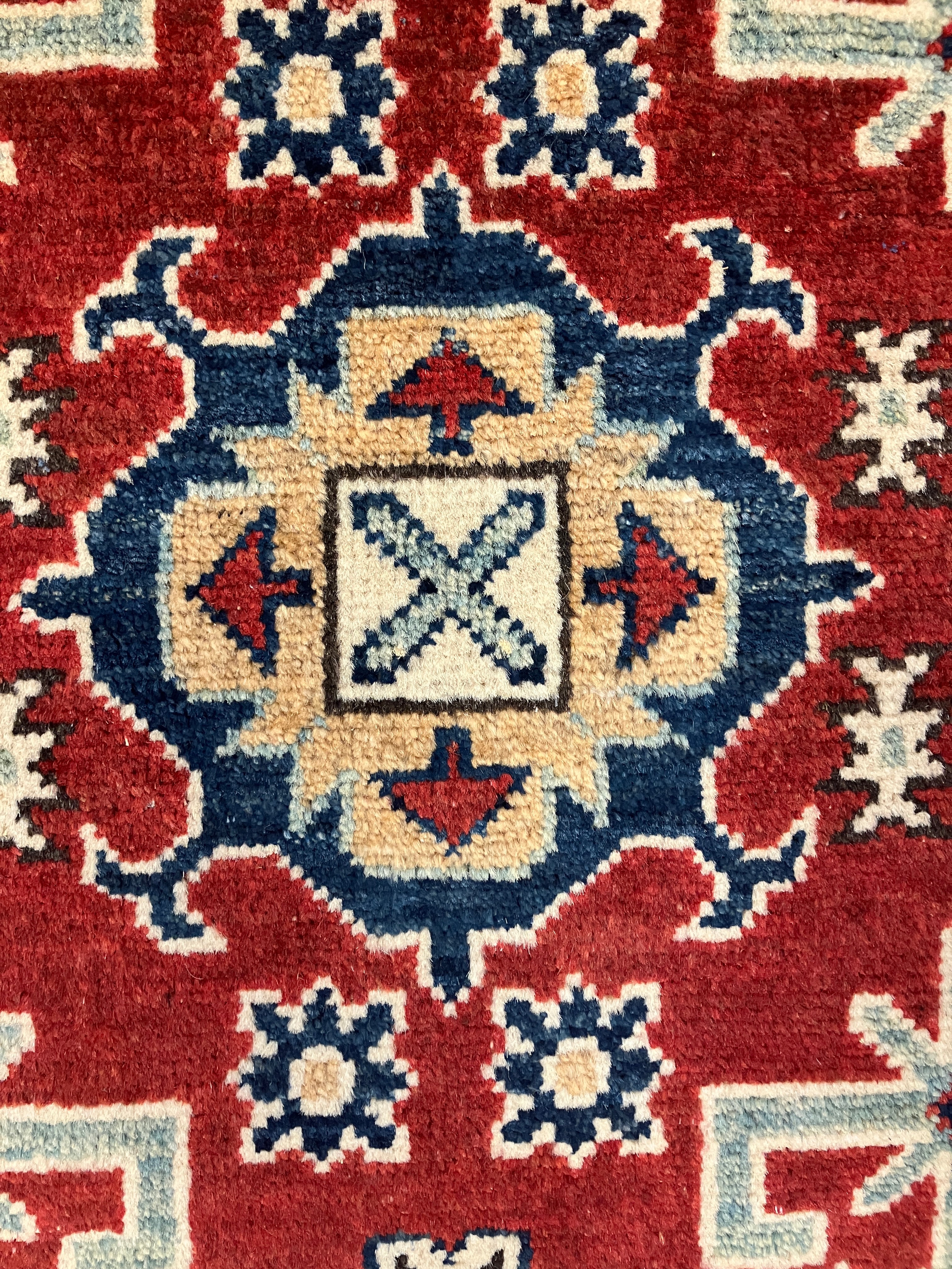 Kazak - 2' x 3' Rug - Red White & Blue - Hand Knotted Traditional Classic Wool Kazak Rug Mat