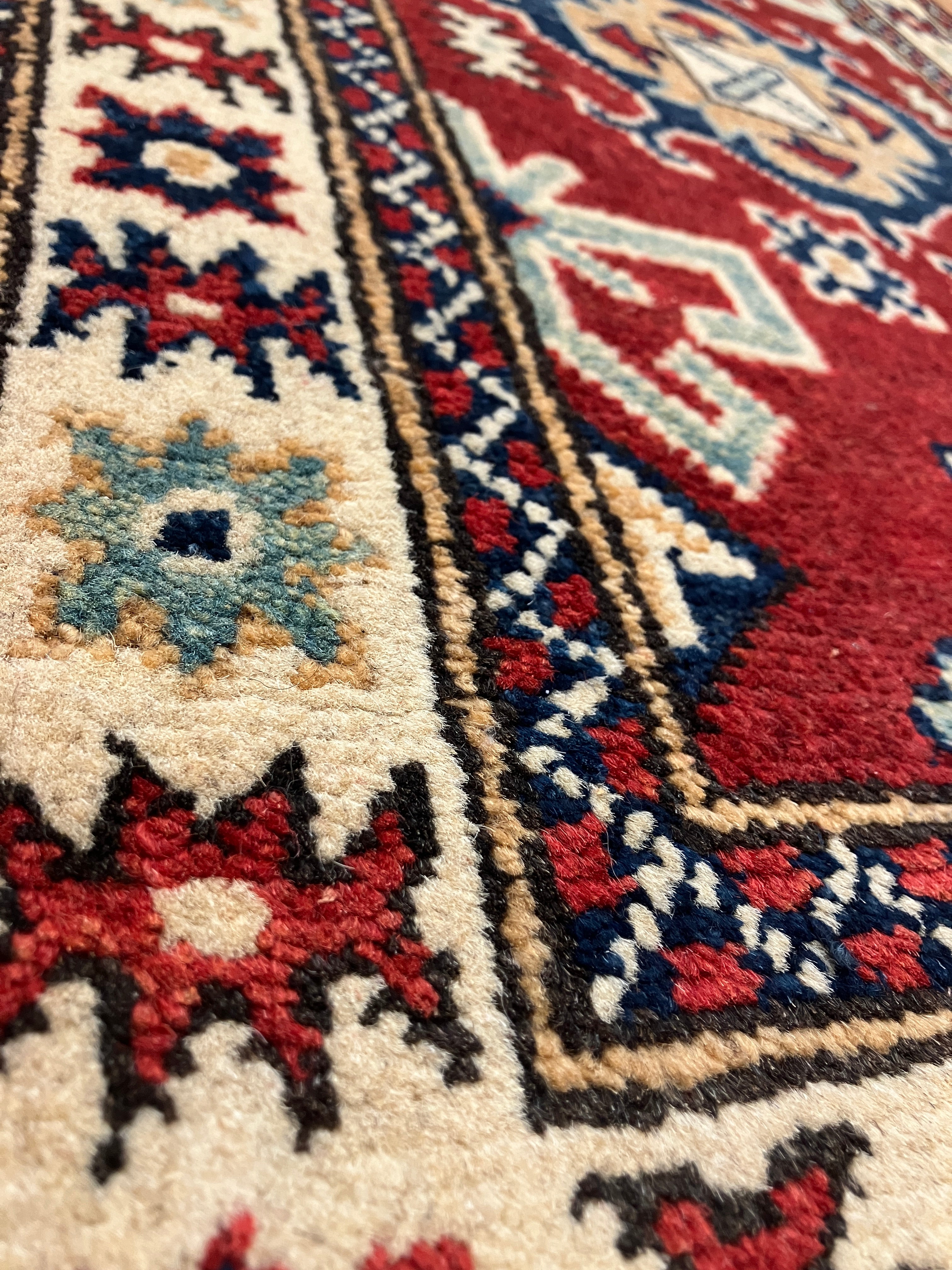 Kazak - 2' x 3' Rug - Red White & Blue - Hand Knotted Traditional Classic Wool Kazak Rug Mat