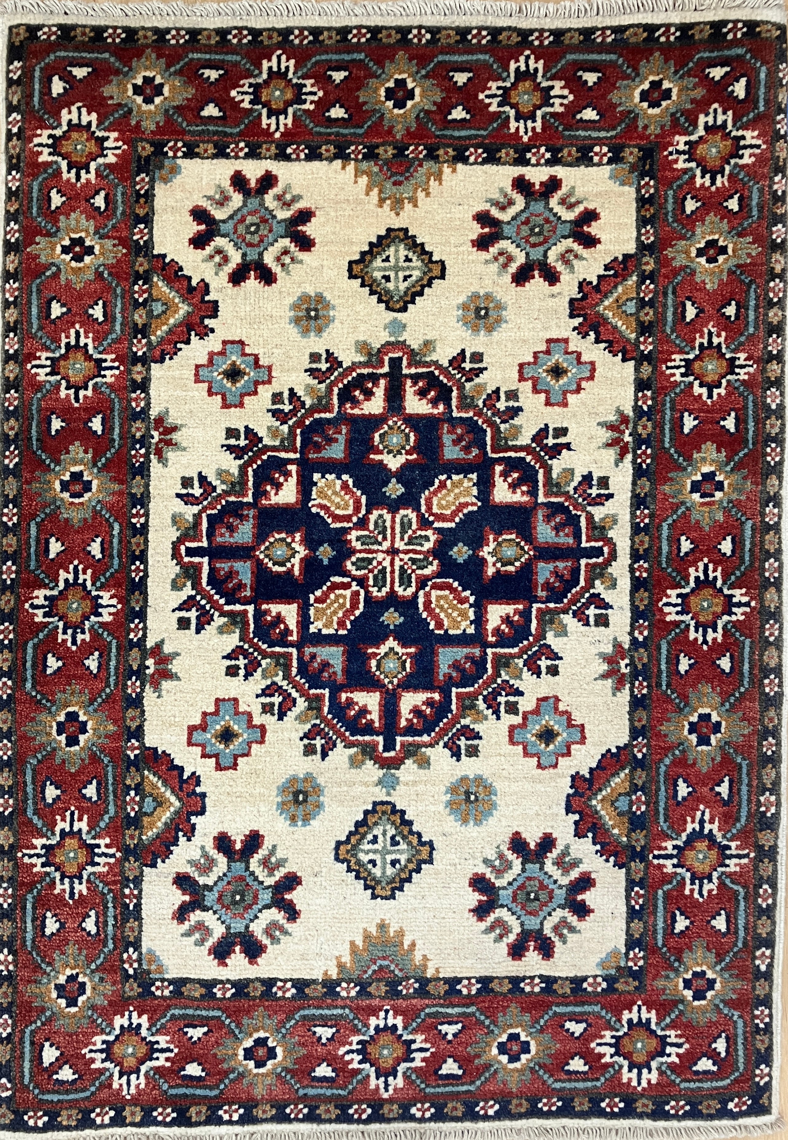 Kazak - 2' x 3' Rug - Ivory Red & Blue - Hand Knotted Traditional Classic Wool Kazak Rug Mat