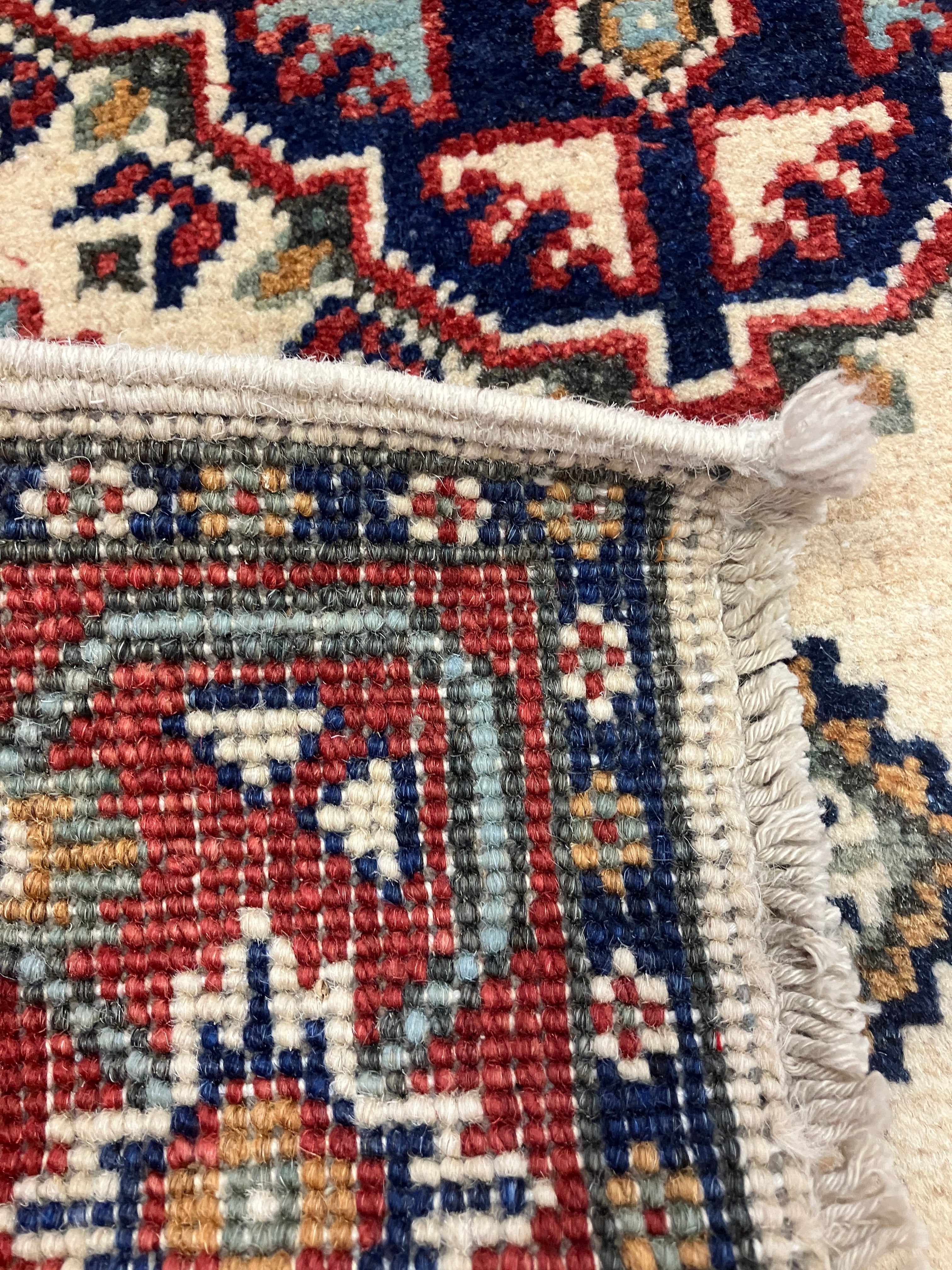 Kazak - 2' x 3' Rug - Ivory Red & Blue - Hand Knotted Traditional Classic Wool Kazak Rug Mat