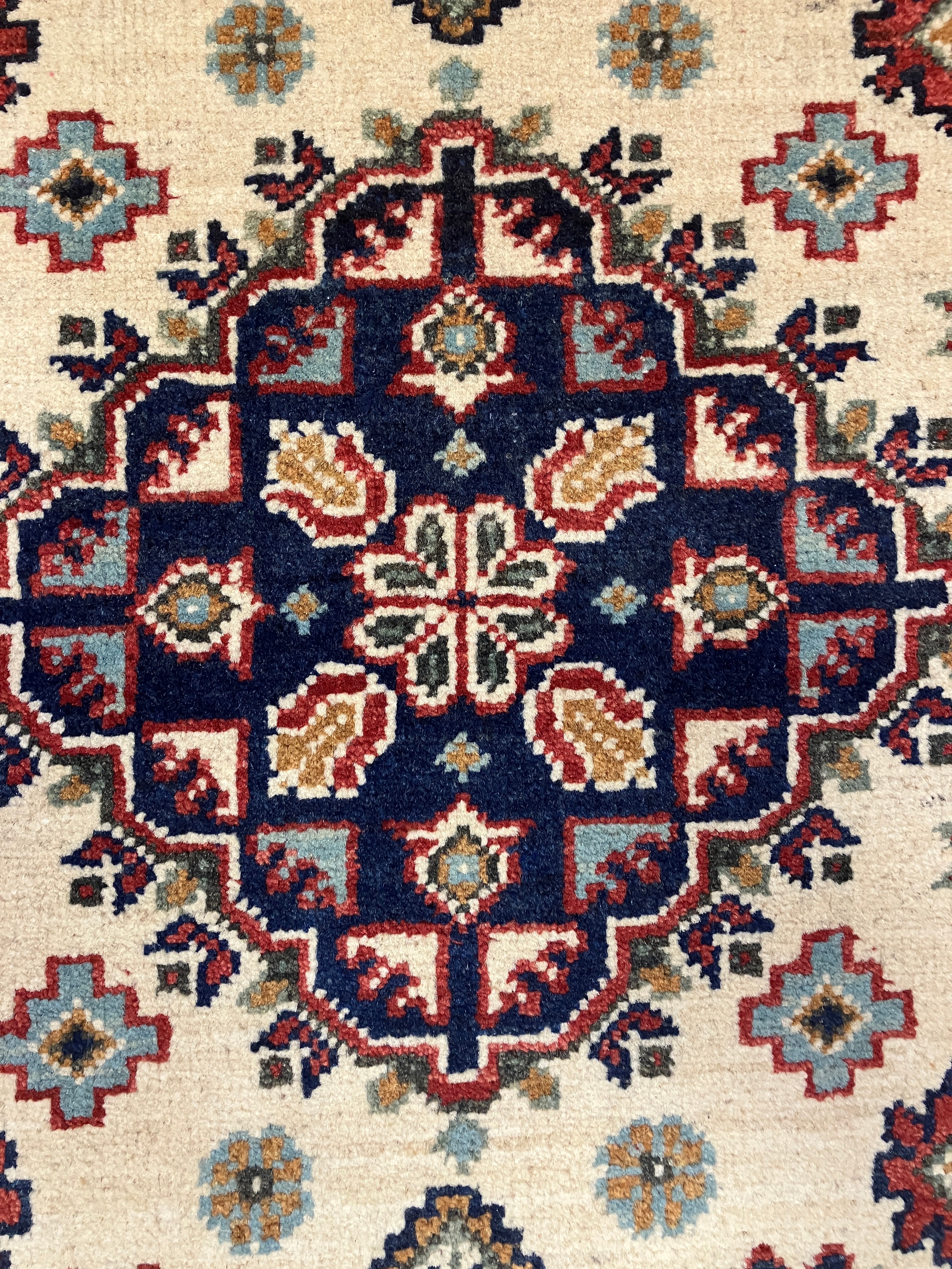 Kazak - 2' x 3' Rug - Ivory Red & Blue - Hand Knotted Traditional Classic Wool Kazak Rug Mat