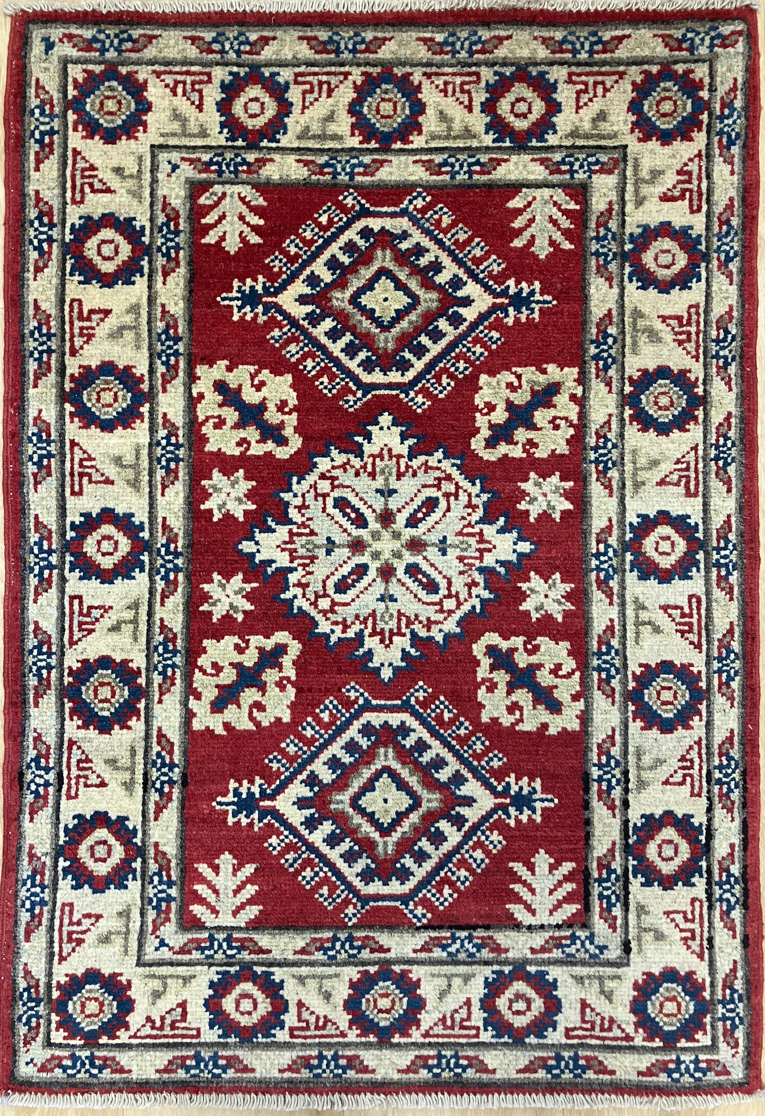 Kazak - 2' x 3' Rug - Red Ivory & Blue - Hand Knotted Traditional Classic Wool Kazak Rug Mat