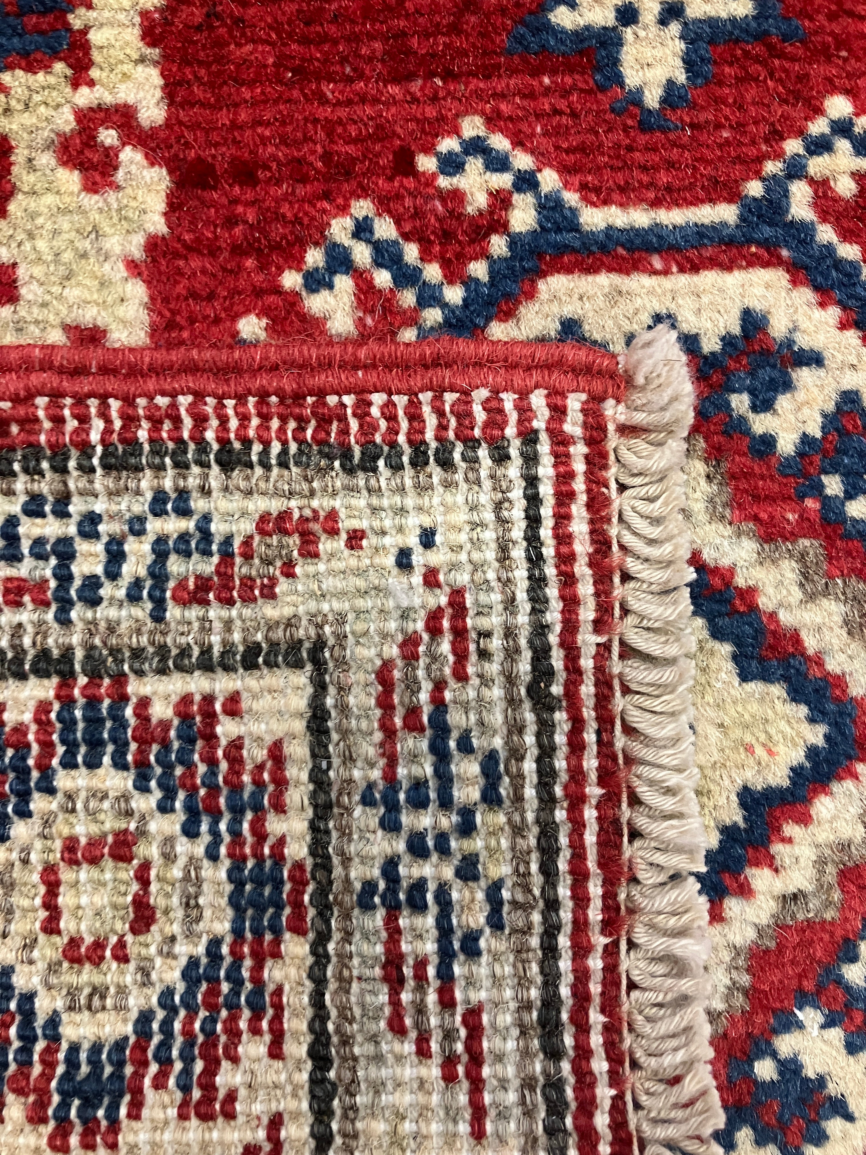 Kazak - 2' x 3' Rug - Red Ivory & Blue - Hand Knotted Traditional Classic Wool Kazak Rug Mat