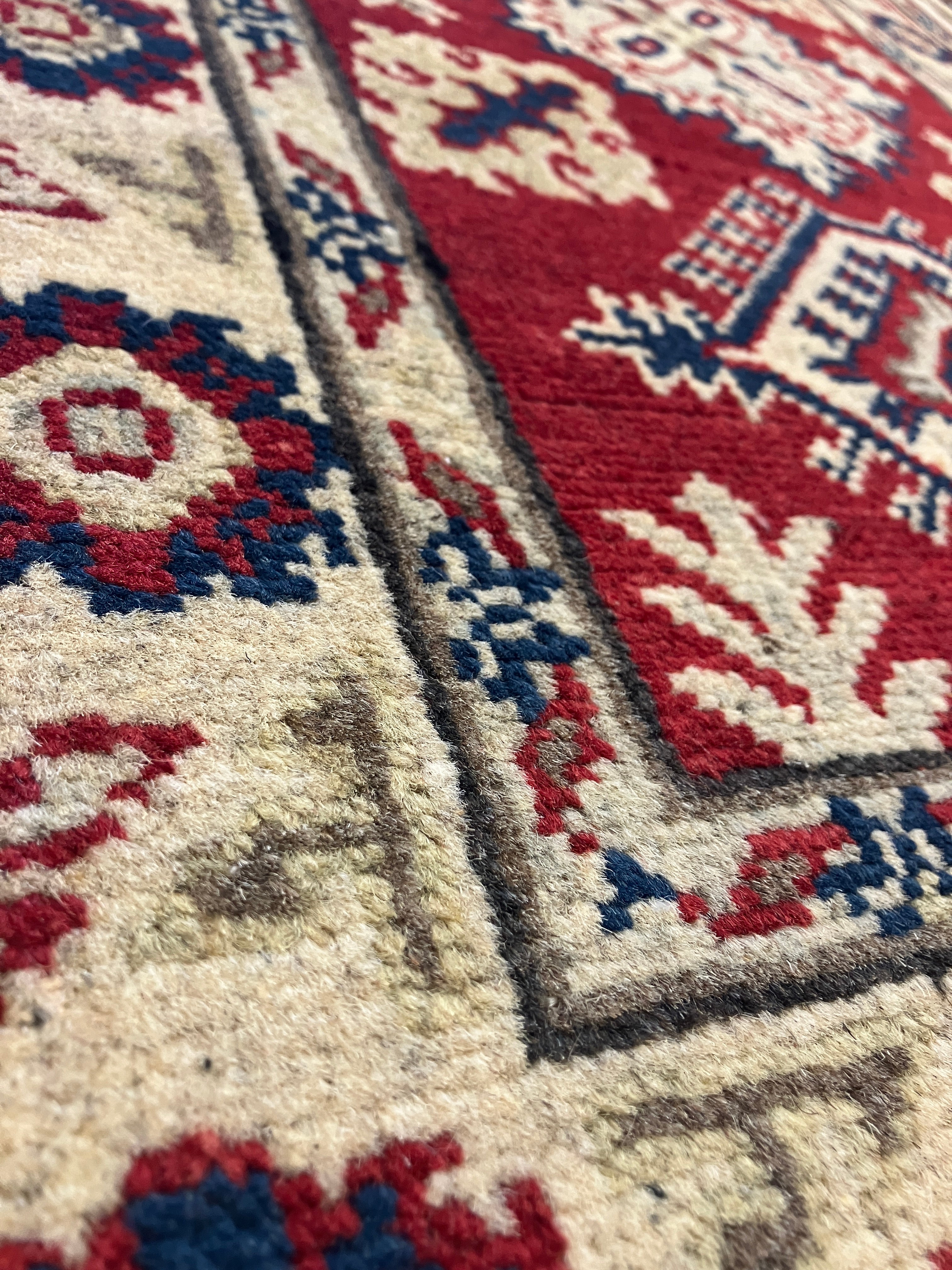 Kazak - 2' x 3' Rug - Red Ivory & Blue - Hand Knotted Traditional Classic Wool Kazak Rug Mat