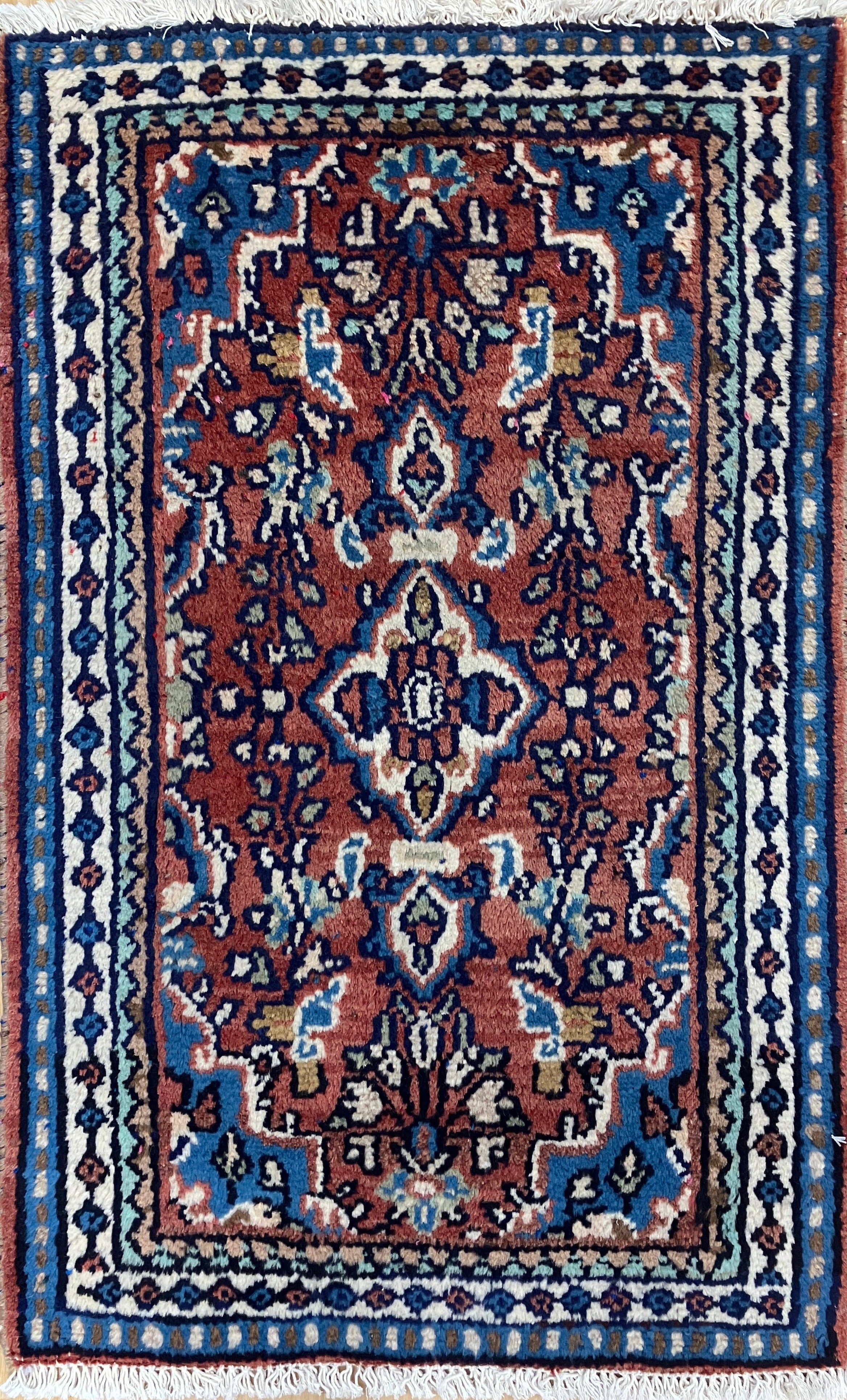 Persian Hamadan - 1' 10" x 2' 10" Rug - Blue & Rust Multicolor - Hand Knotted Traditional Classic Persian Wool Rug Mat