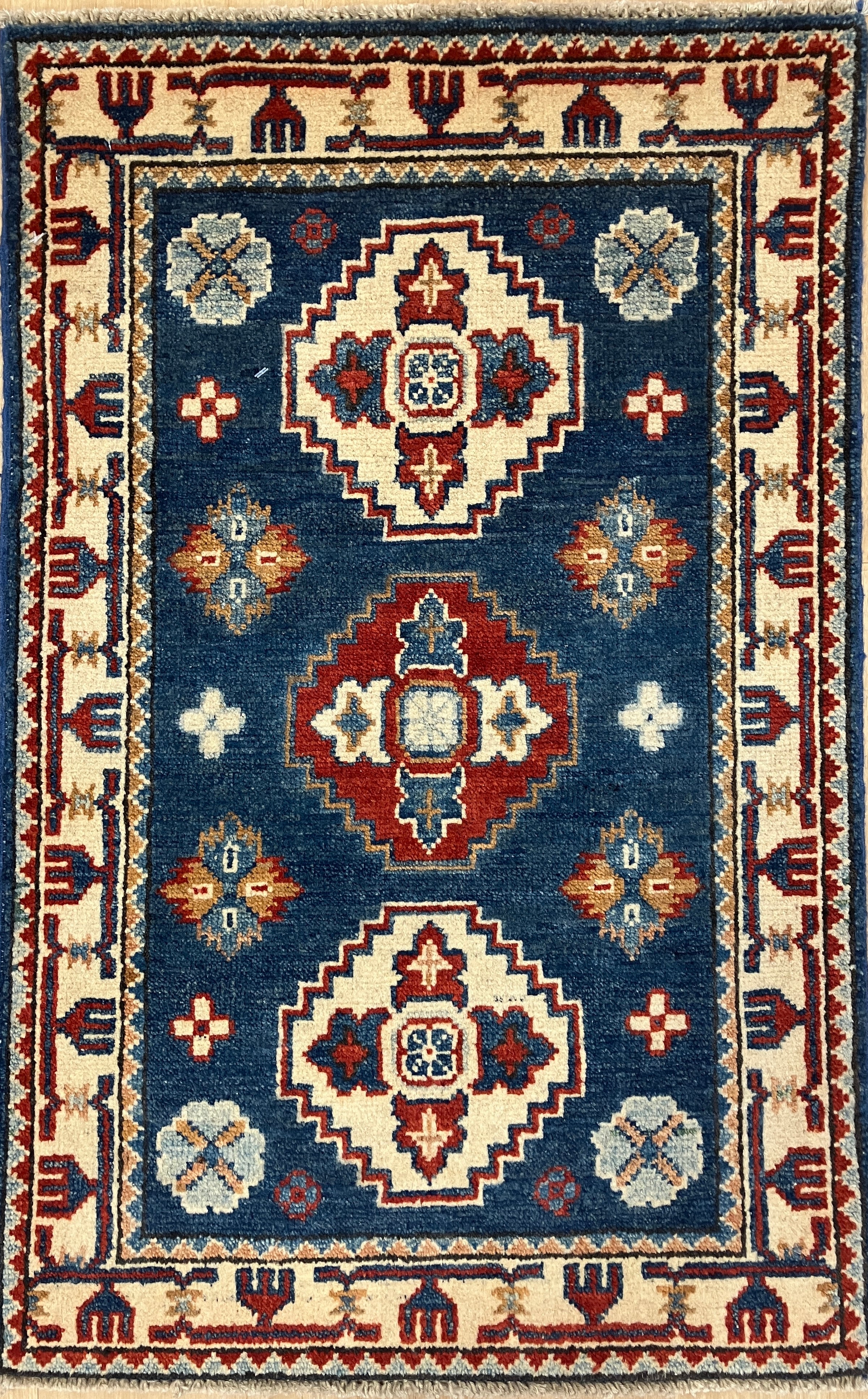 Kazak - 2' x 3' Rug - Blue Red Ivory - Hand Knotted Traditional Classic Wool Kazak Rug Mat