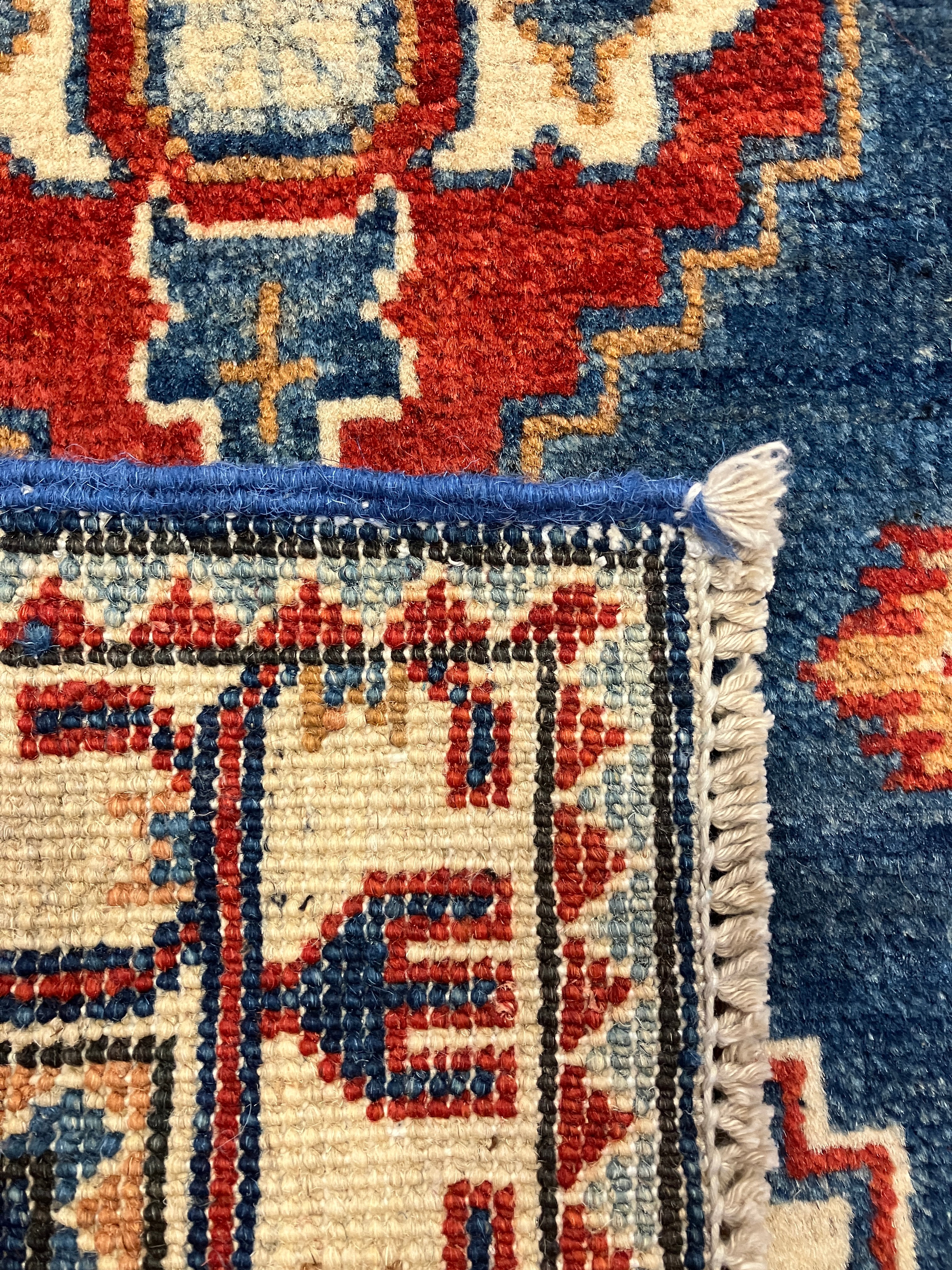 Kazak - 2' x 3' Rug - Blue Red Ivory - Hand Knotted Traditional Classic Wool Kazak Rug Mat
