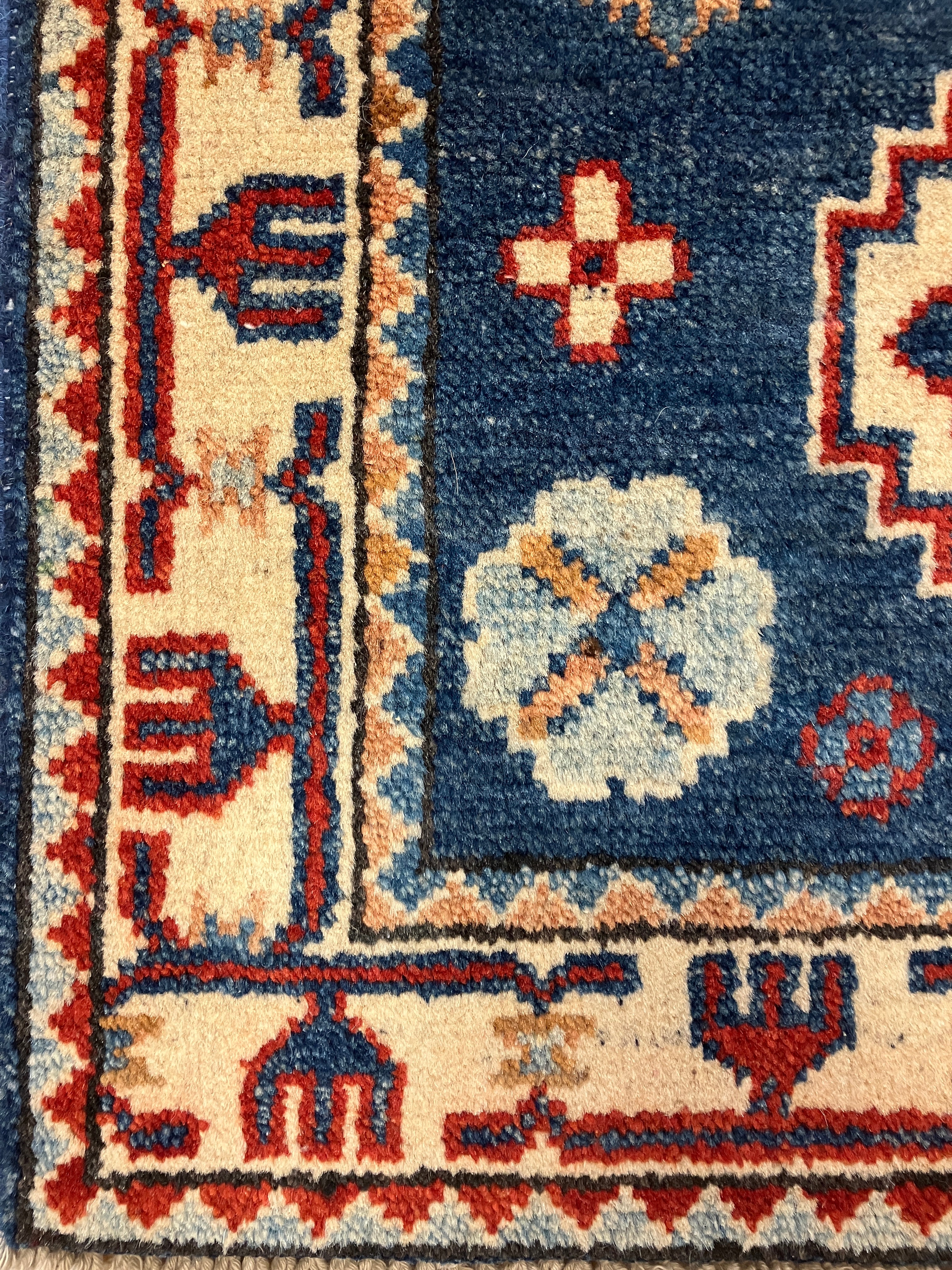 Kazak - 2' x 3' Rug - Blue Red Ivory - Hand Knotted Traditional Classic Wool Kazak Rug Mat