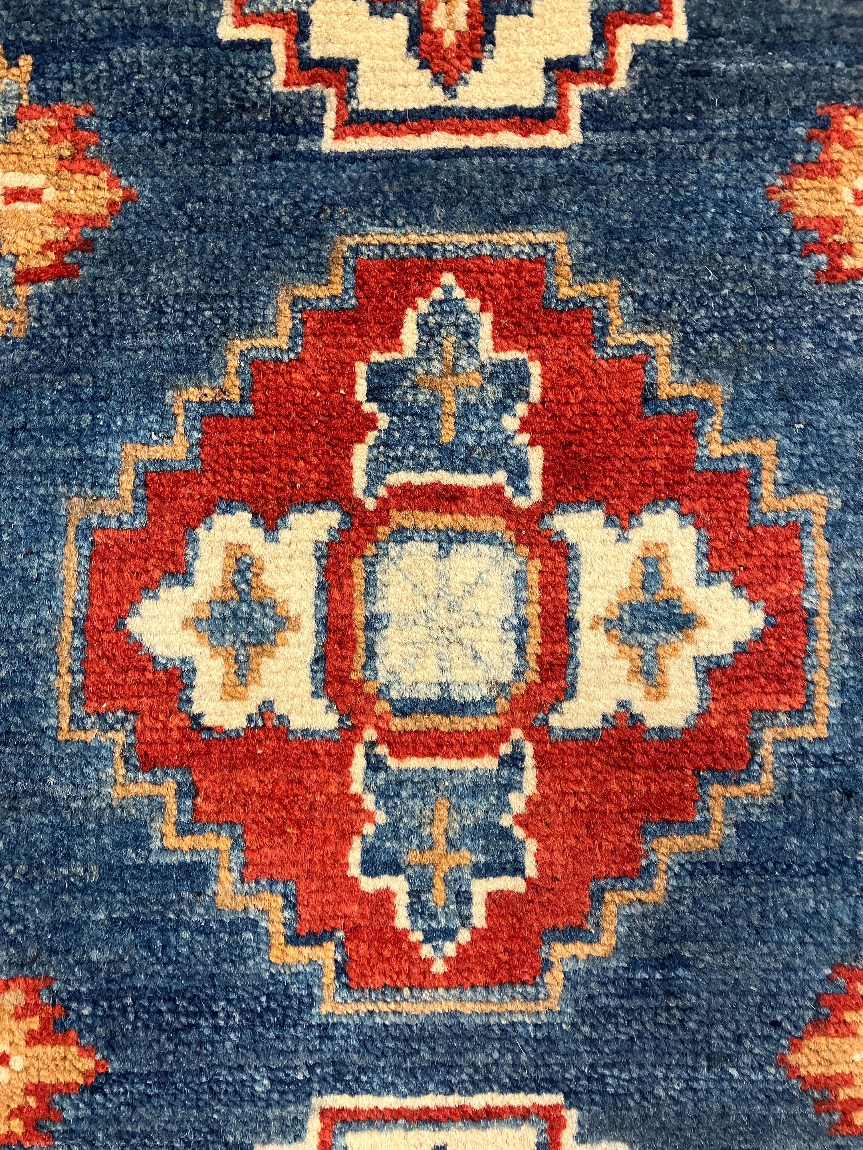Kazak - 2' x 3' Rug - Blue Red Ivory - Hand Knotted Traditional Classic Wool Kazak Rug Mat