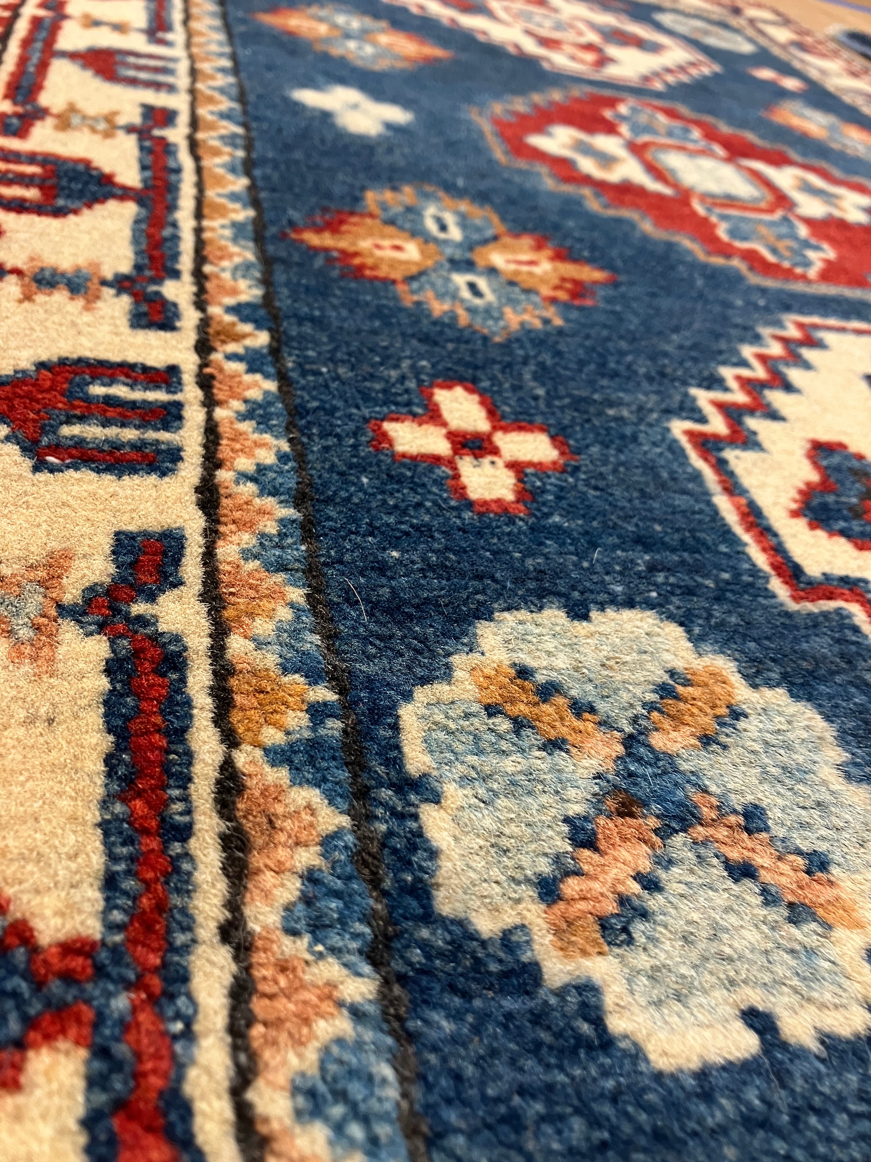 Kazak - 2' x 3' Rug - Blue Red Ivory - Hand Knotted Traditional Classic Wool Kazak Rug Mat