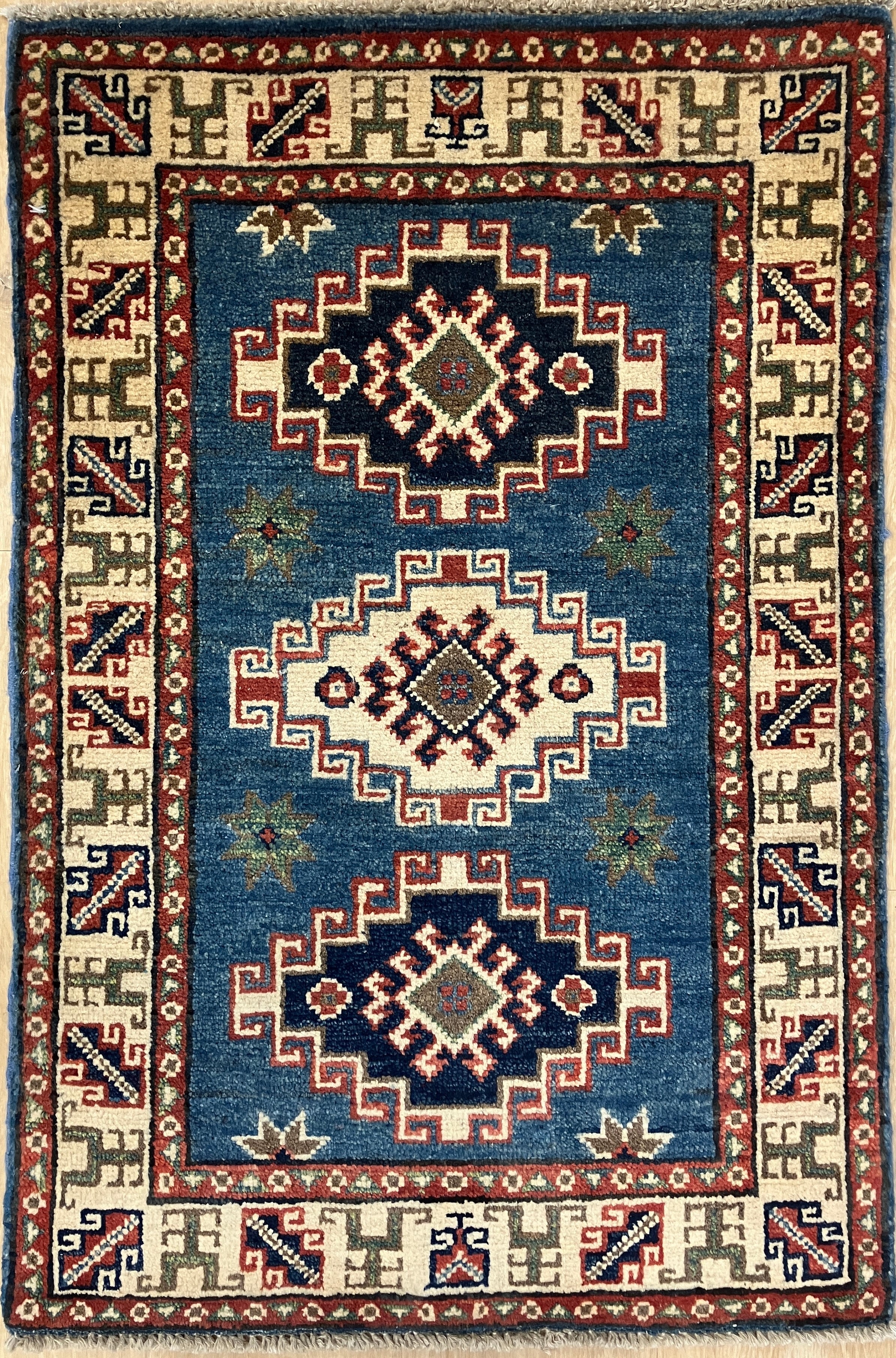 Kazak - 2' x 3' Rug - Blue & Ivory - Hand Knotted Traditional Classic Wool Kazak Rug Mat