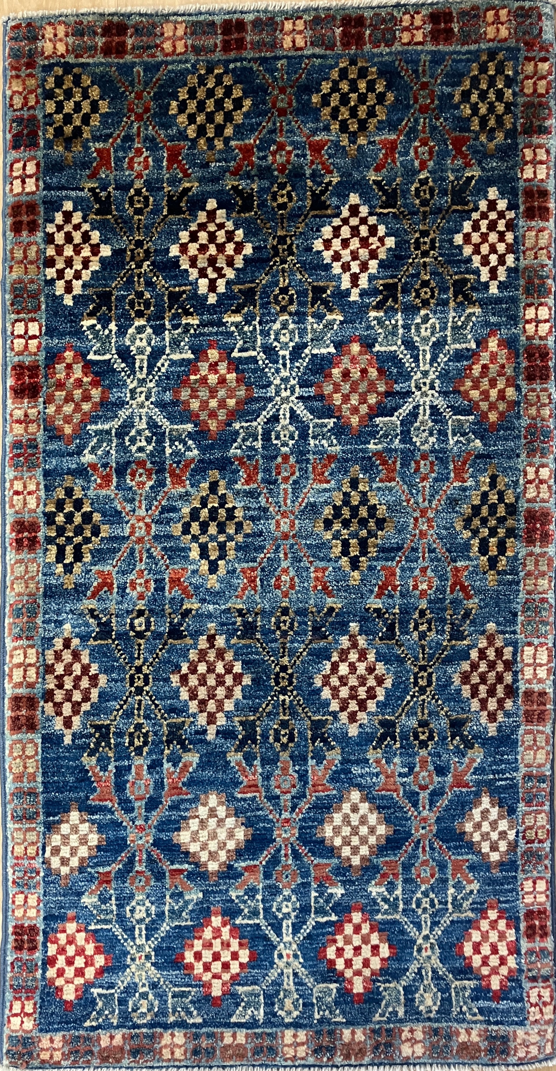 Nirvana Collection - 1' 08" x 3' 03" Rug - Blue Multicolor Diamonds - Hand Knotted Traditional Classic Wool Rug Mat
