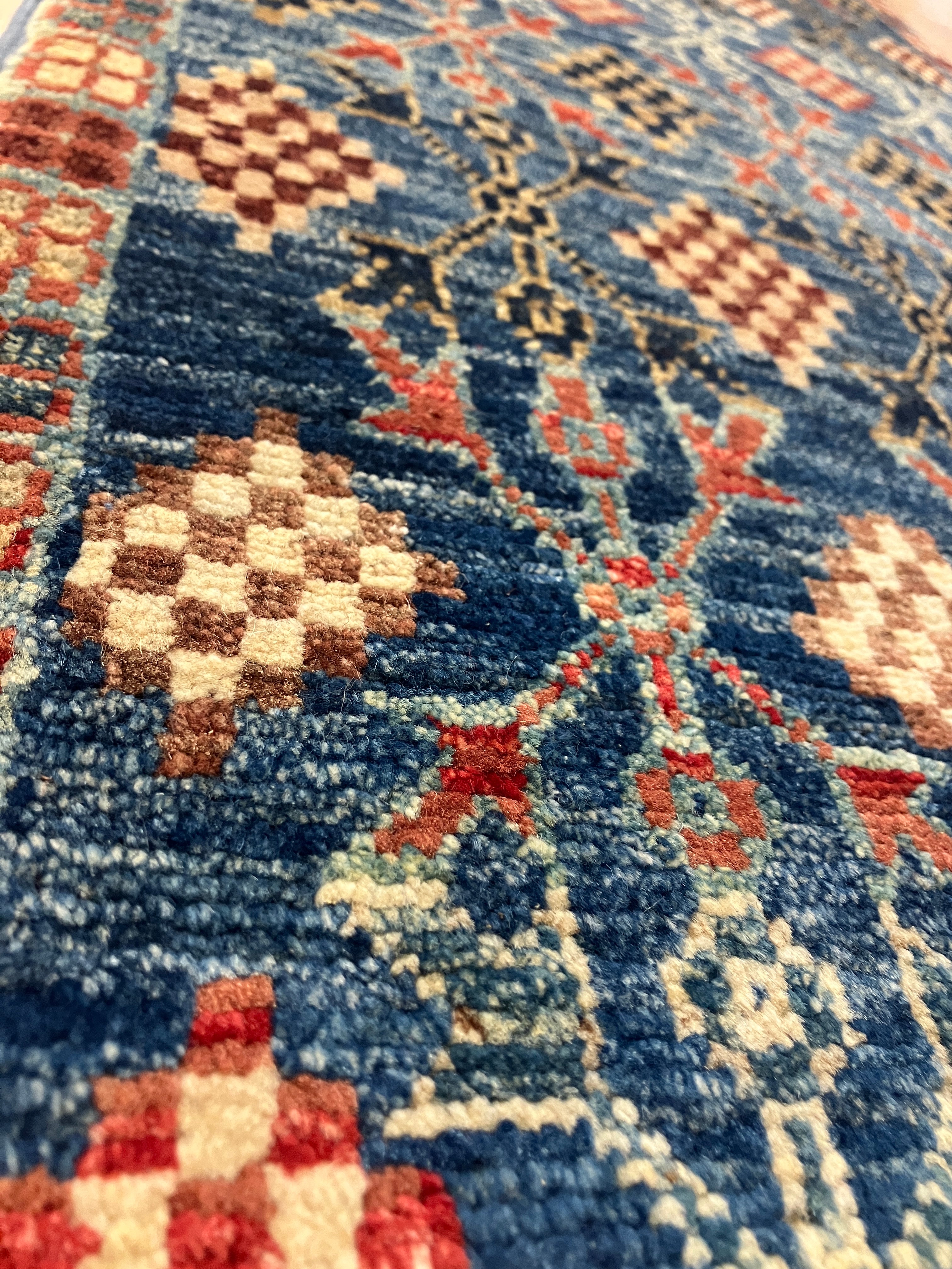 Nirvana Collection - 1' 08" x 3' 03" Rug - Blue Multicolor Diamonds - Hand Knotted Traditional Classic Wool Rug Mat