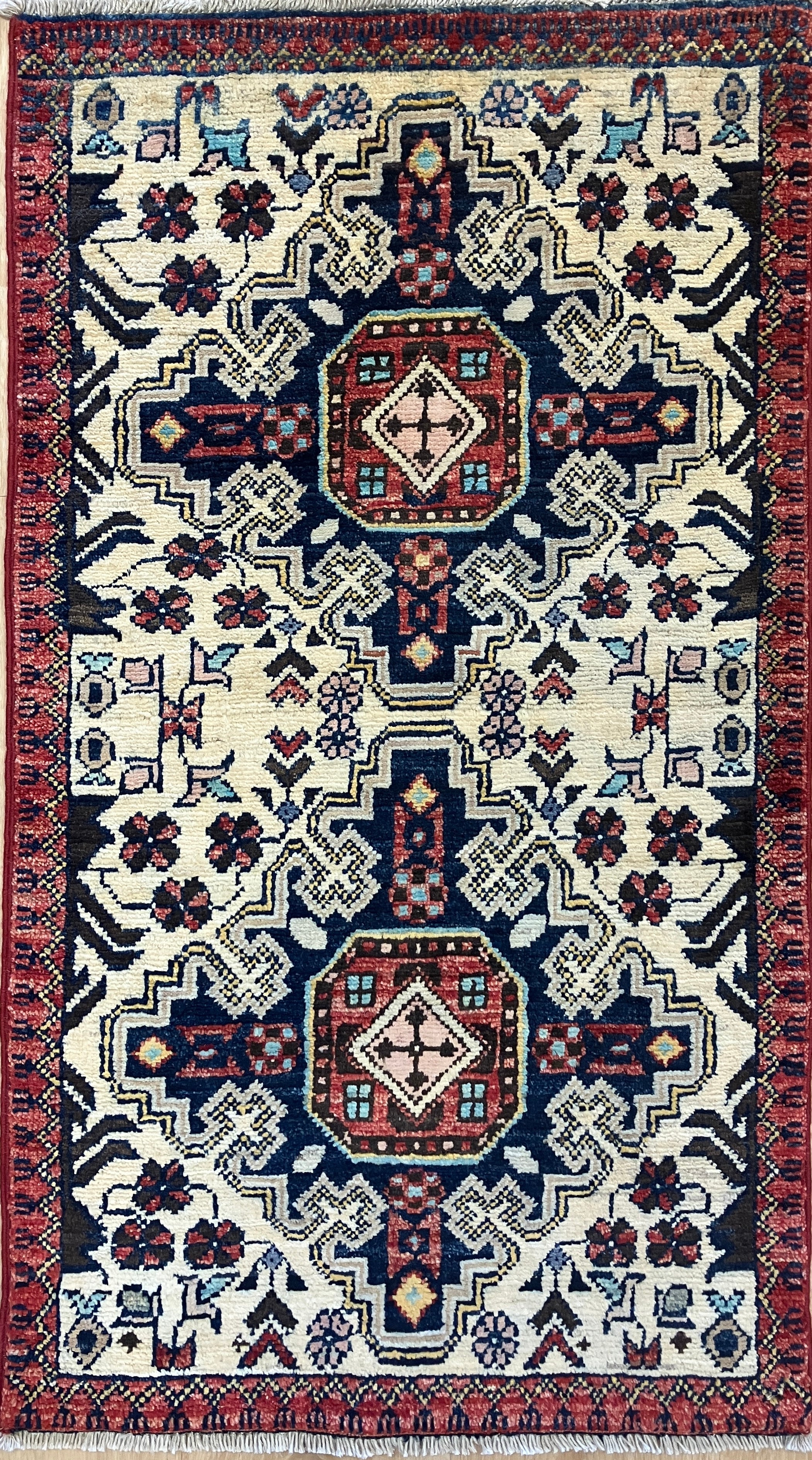 Nirvana Collection - 2' x 3' Rug - Ivory Blue & Red - Hand Knotted Traditional Classic Wool Rug Mat