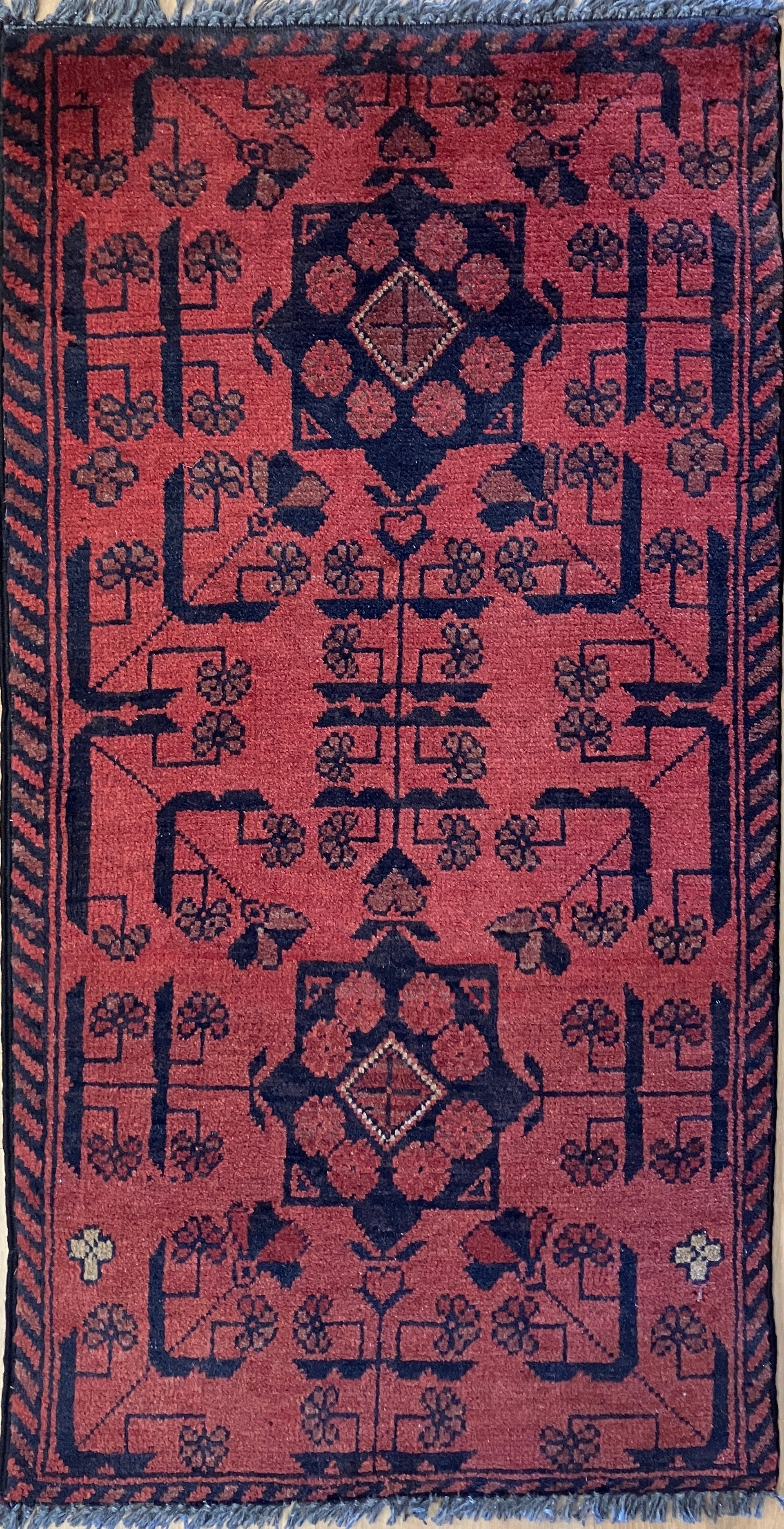 Bokara - 1' 08" x 3' 02" Rug - Red & Navy - Hand Knotted Traditional Classic Wool Rug