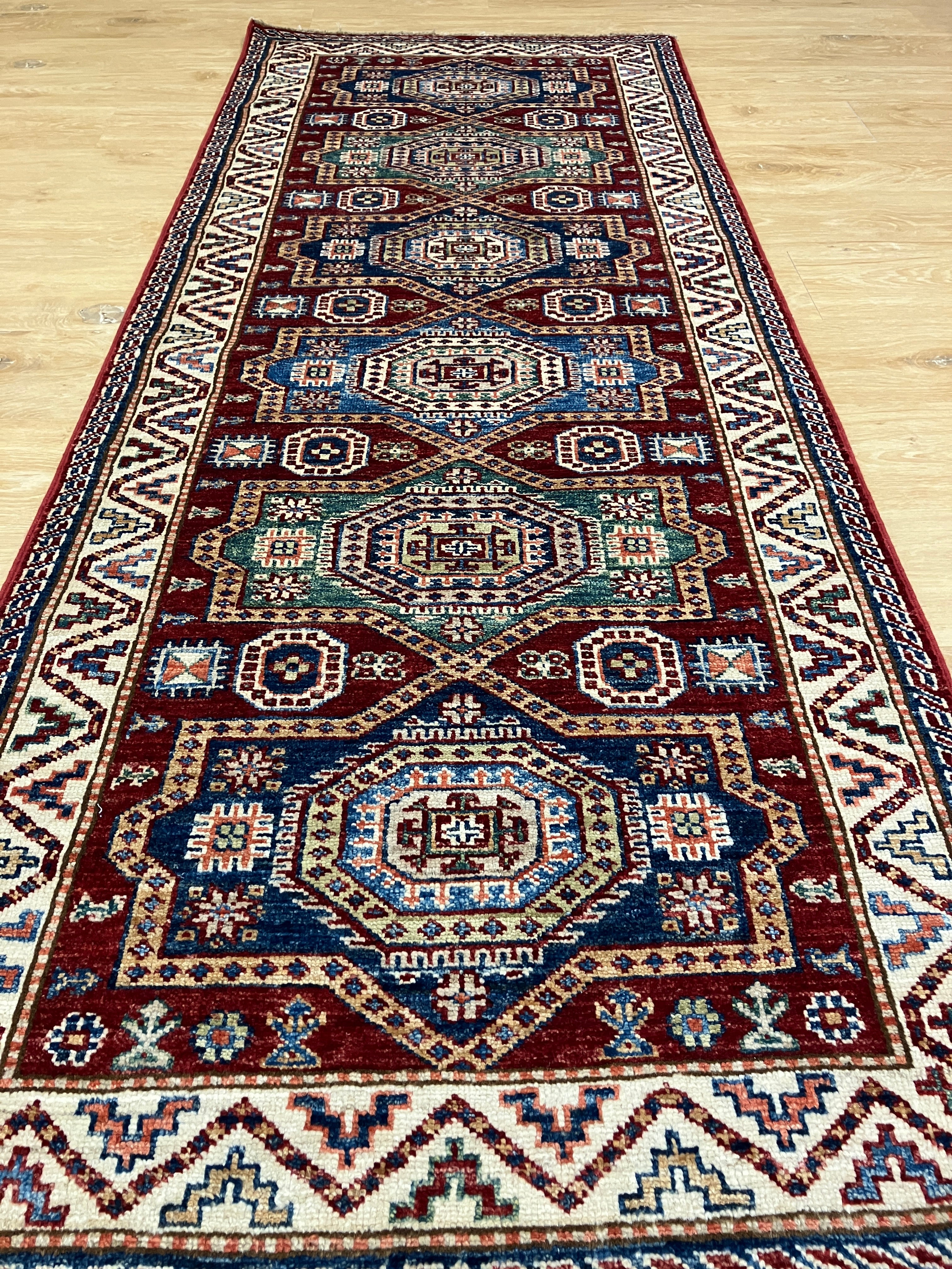 Super Kazak Runner - 2' 07" x 6' 09" -Red Multicolor - Hand Knotted Wool Traditional Classic Kazak Runner