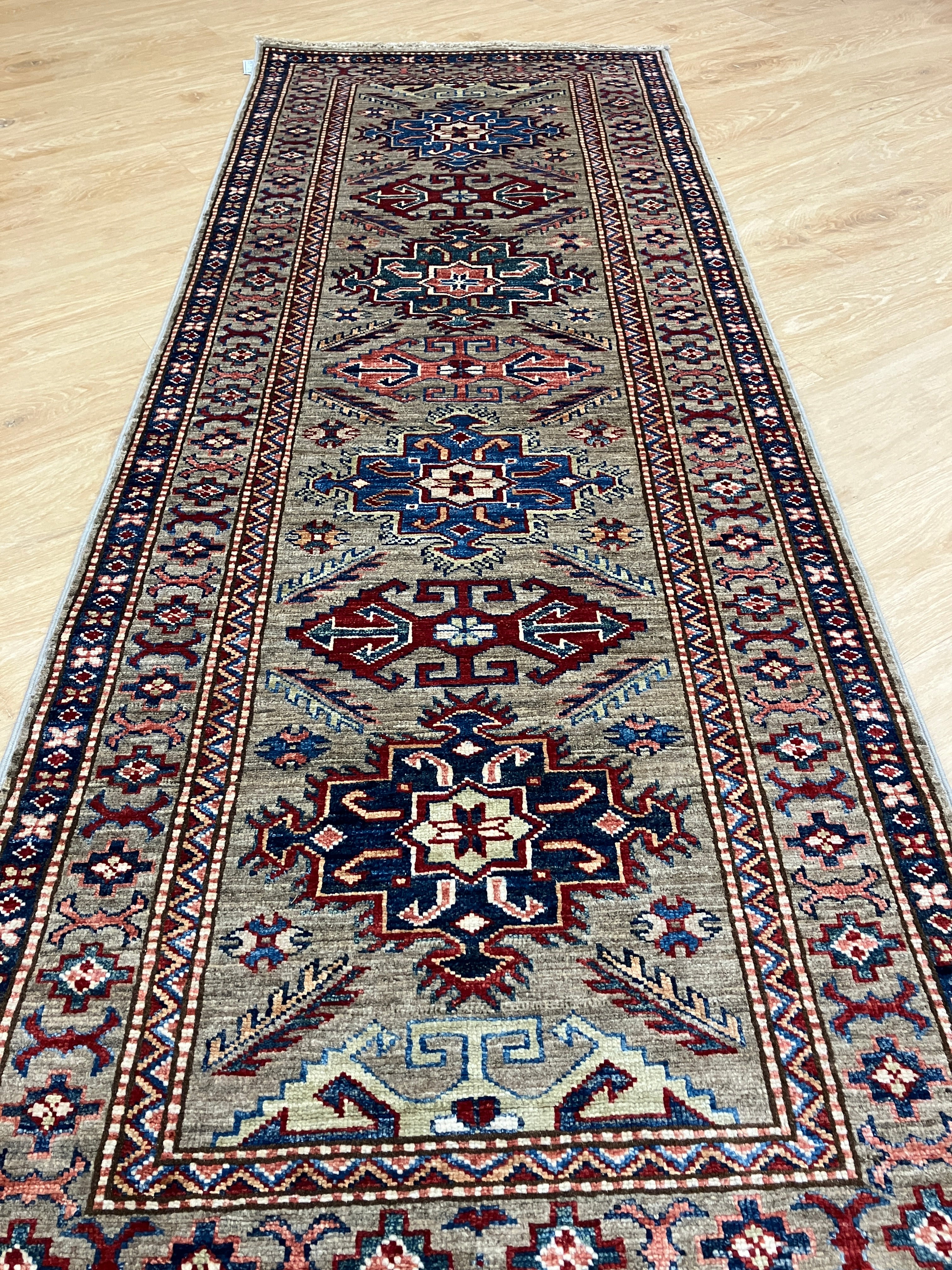 Super Kazak Runner - 2' 06" x 6' 10" - Grey Multicolor - Hand Knotted Wool Traditional Classic Kazak Runner