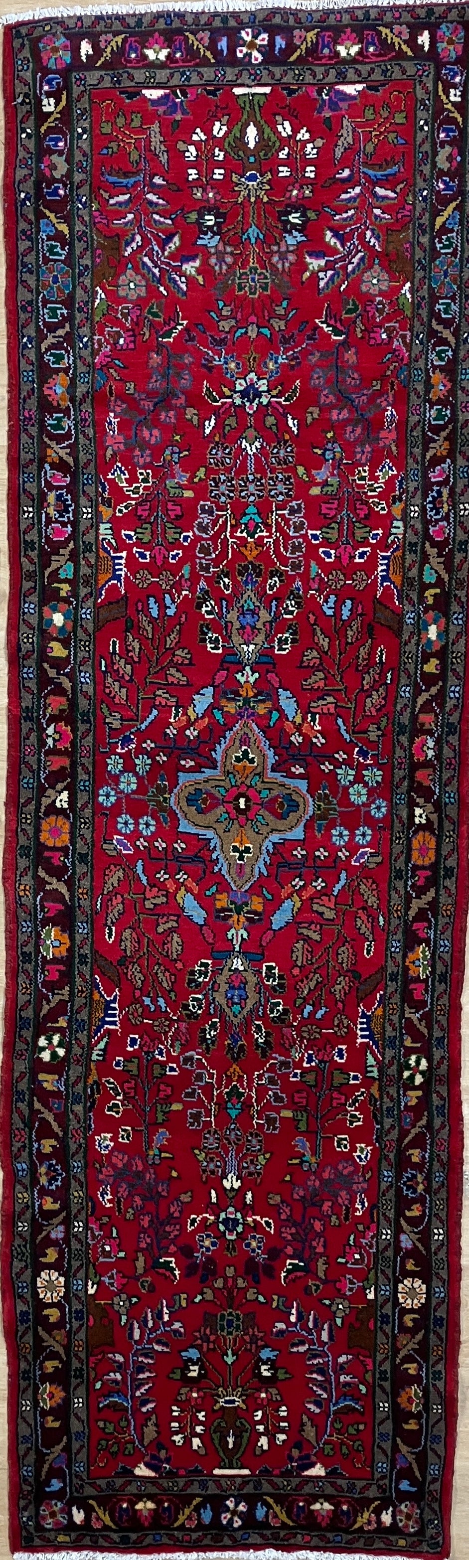 Hamadan Runner - 2' 09" x 9' 01" - Red Floral Multicolor - Hand Knotted Wool Traditional Classic Runner