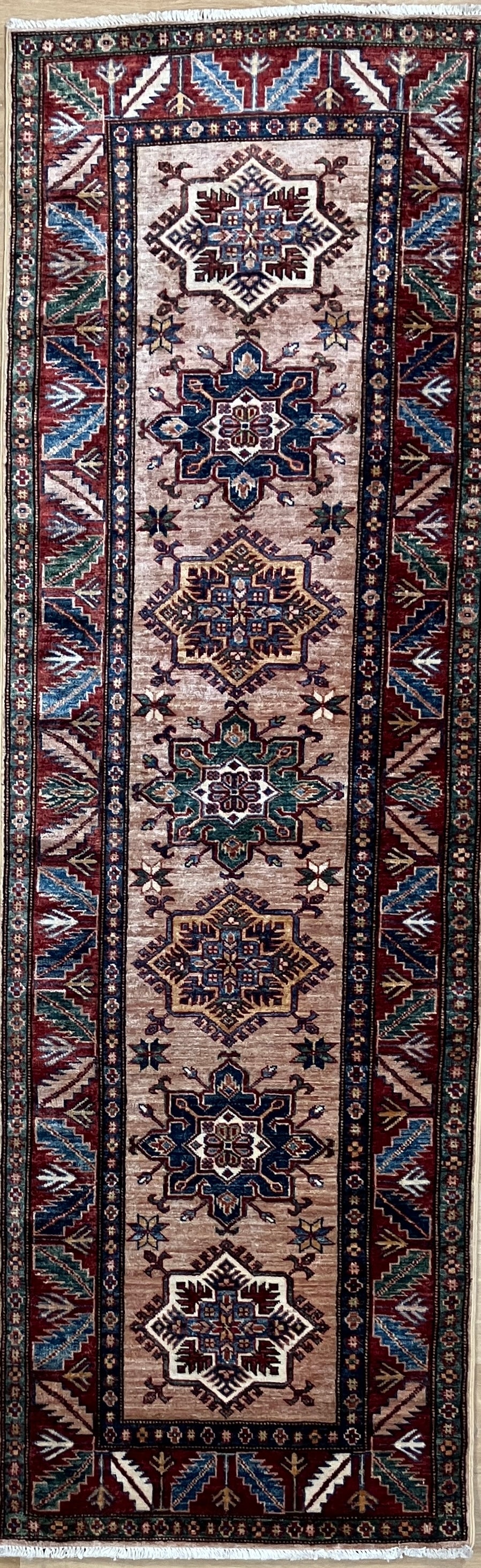 Super Kazak Runner - 2' 08" x 8' 03" - Coral Pink Multicolor - Hand Knotted Wool Traditional Classic Kazak Runner