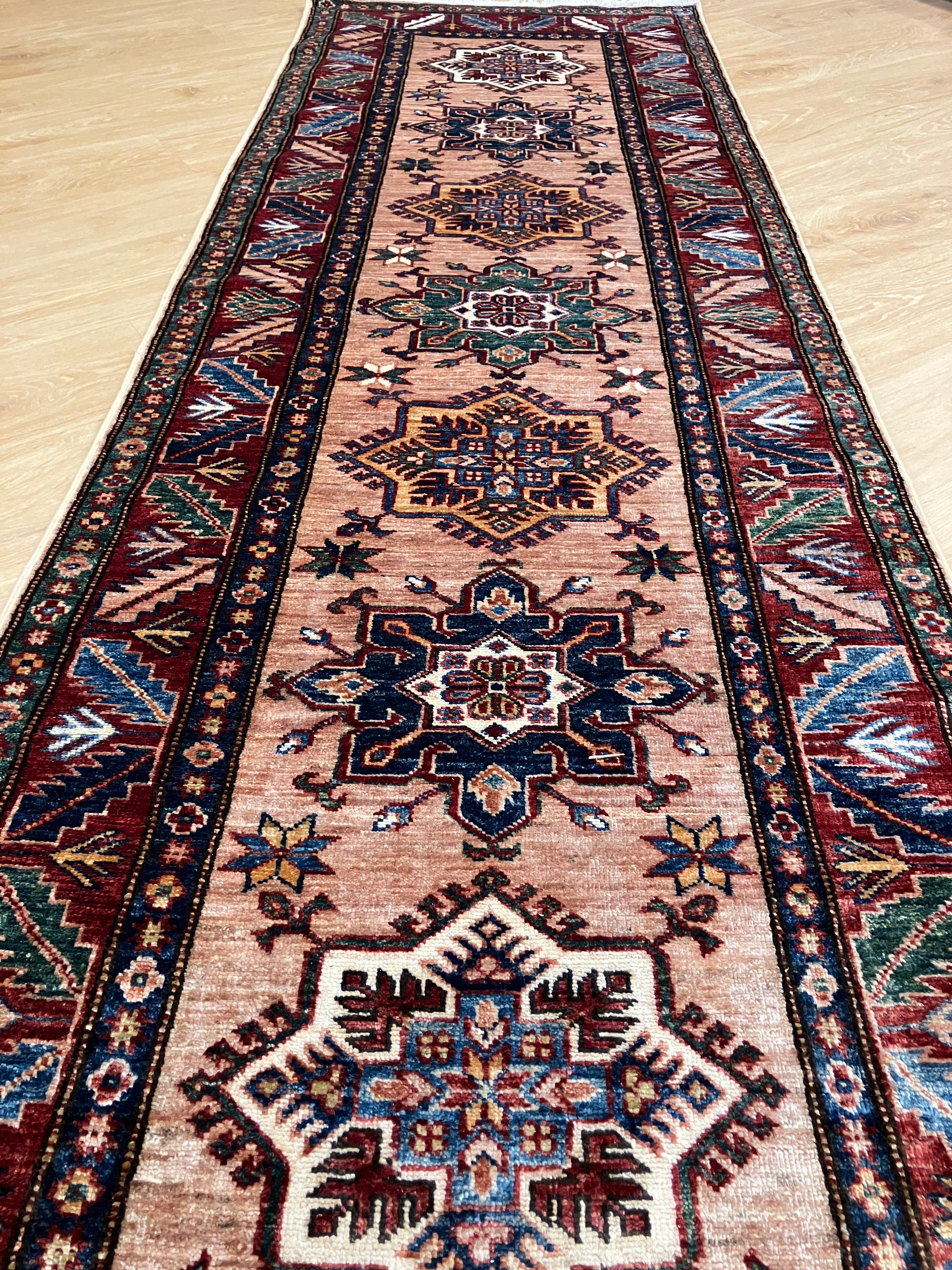 Super Kazak Runner - 2' 08" x 8' 03" - Coral Pink Multicolor - Hand Knotted Wool Traditional Classic Kazak Runner