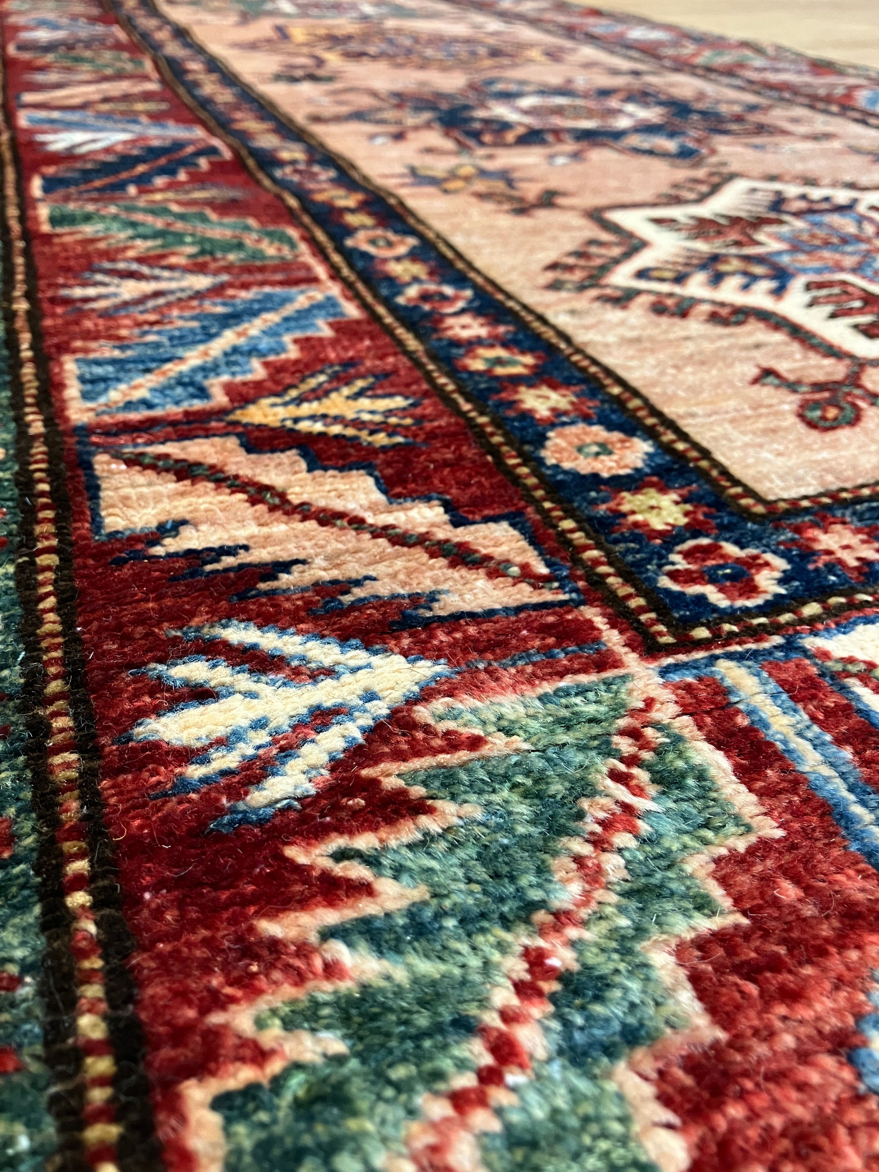 Super Kazak Runner - 2' 08" x 8' 03" - Coral Pink Multicolor - Hand Knotted Wool Traditional Classic Kazak Runner
