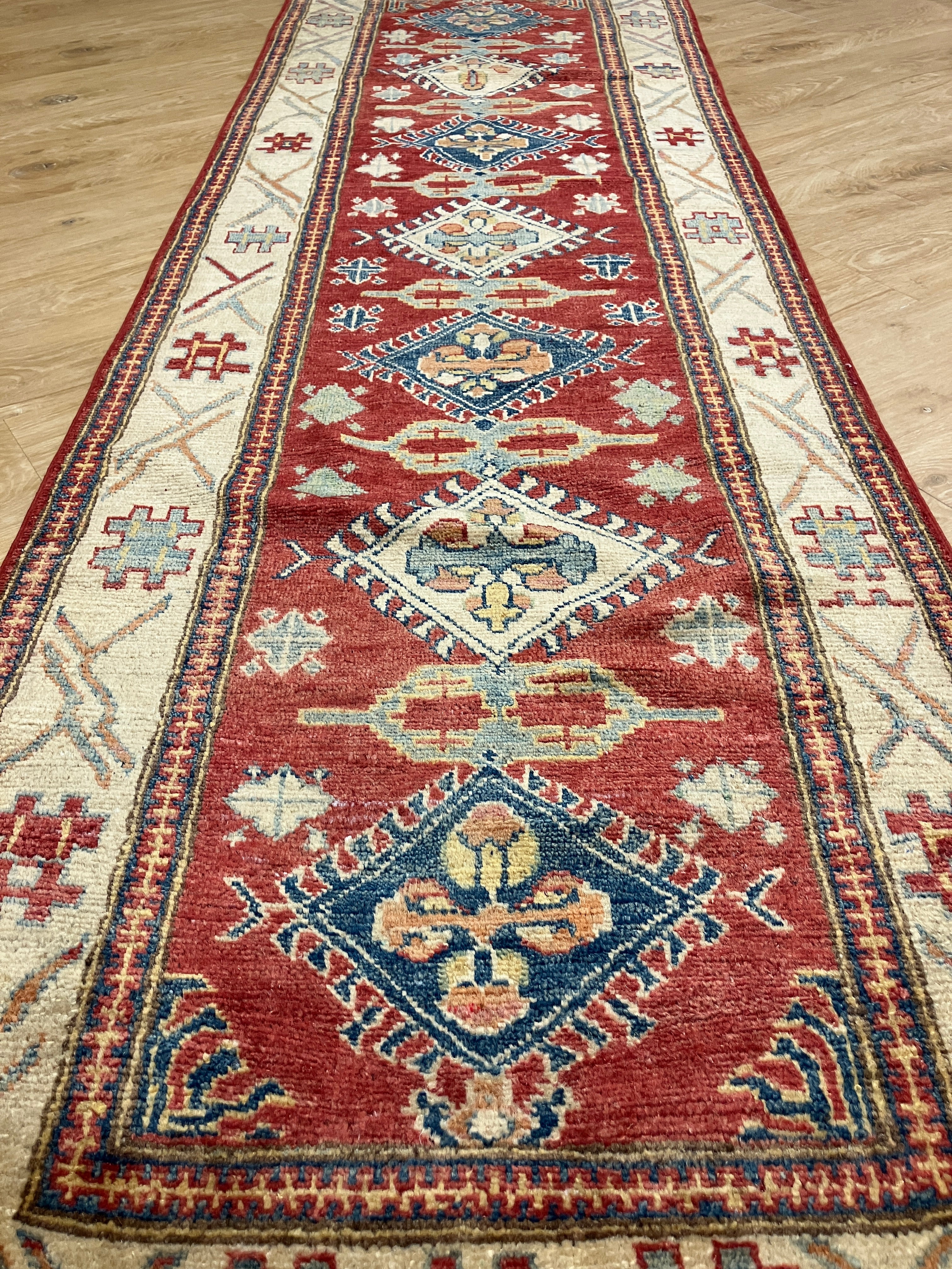 Super Kazak Runner - 2' 09" x 9' 00" - Red Multicolor - Hand Knotted Wool Traditional Classic Kazak Runner