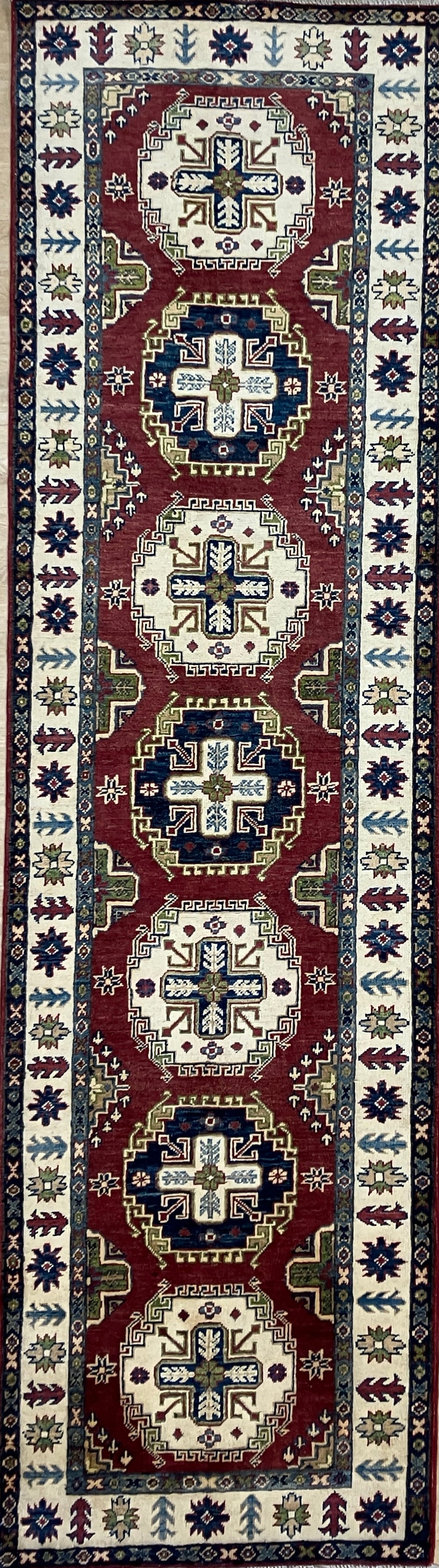 Kazak Runner - 3' 01" x 9' 08" - Red Ivory Blue - Hand Knotted Wool Traditional Classic Kazak Runner