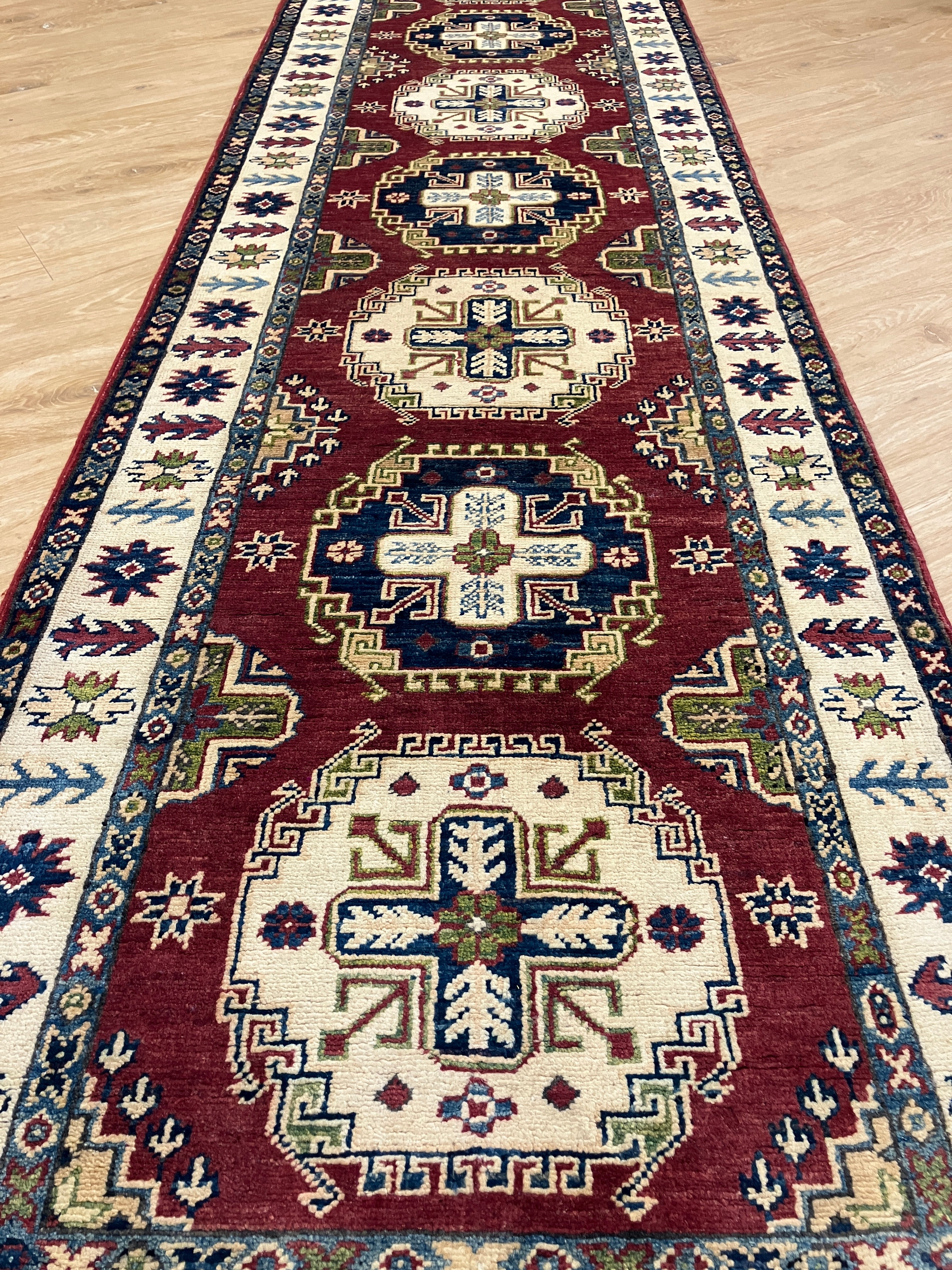 Kazak Runner - 3' 01" x 9' 08" - Red Ivory Blue - Hand Knotted Wool Traditional Classic Kazak Runner