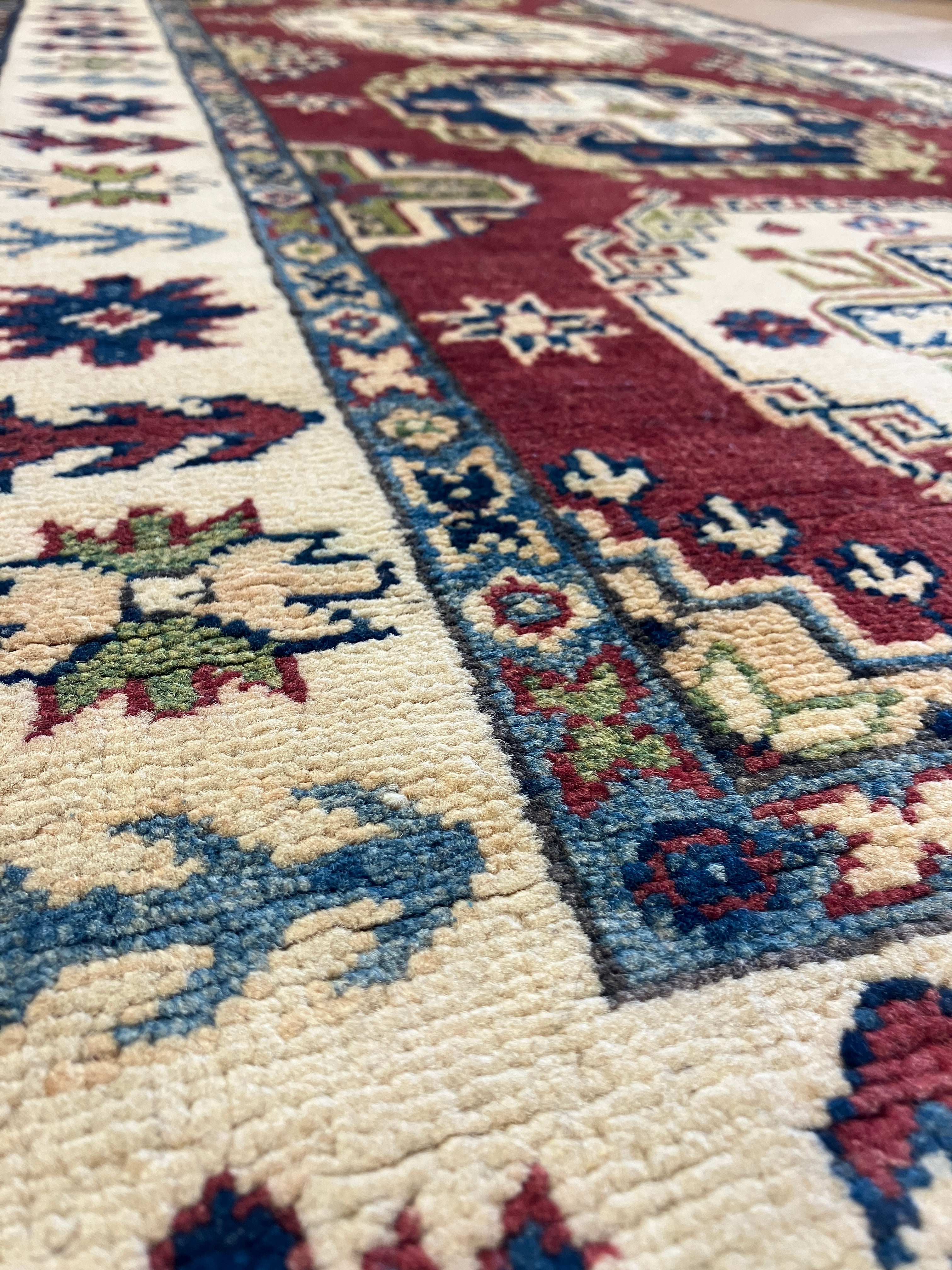 Kazak Runner - 3' 01" x 9' 08" - Red Ivory Blue - Hand Knotted Wool Traditional Classic Kazak Runner
