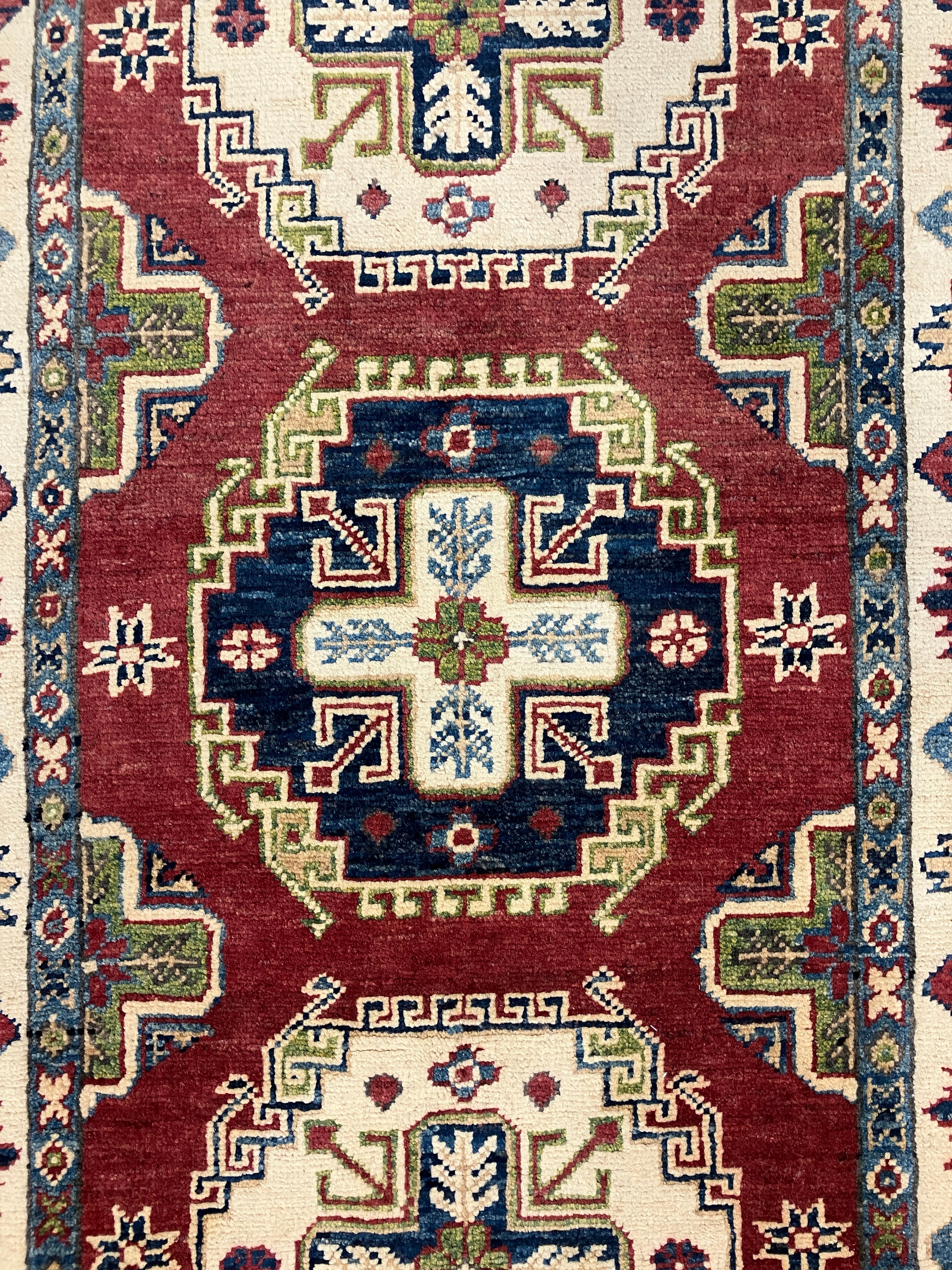 Kazak Runner - 3' 01" x 9' 08" - Red Ivory Blue - Hand Knotted Wool Traditional Classic Kazak Runner