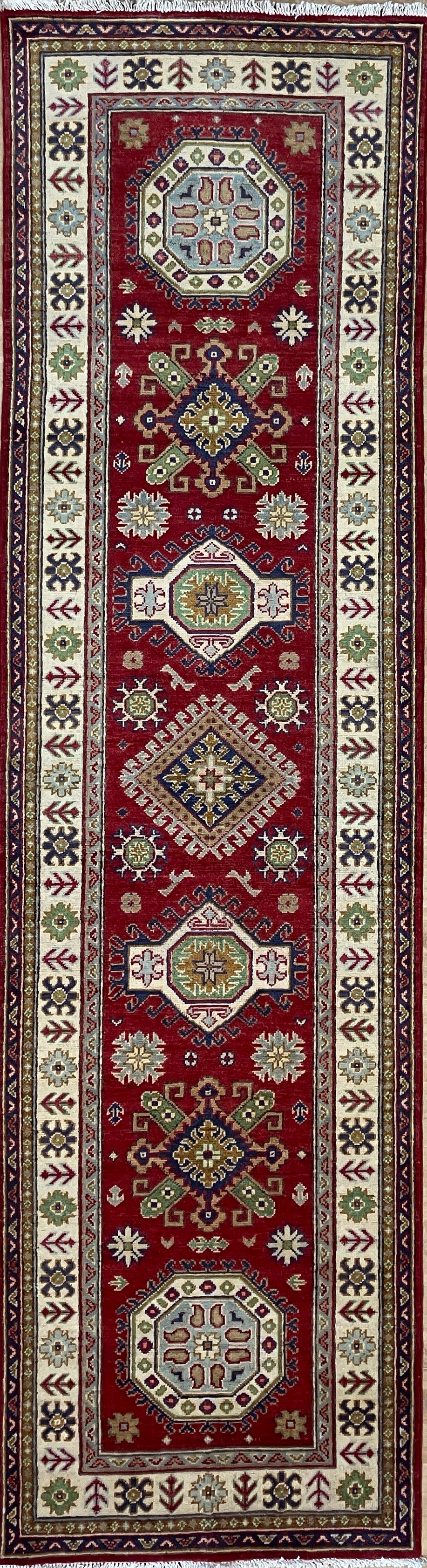 Kazak Runner - 2' 07" x 9' 08" - Red Ivory Green - Hand Knotted Wool Traditional Classic Kazak Runner