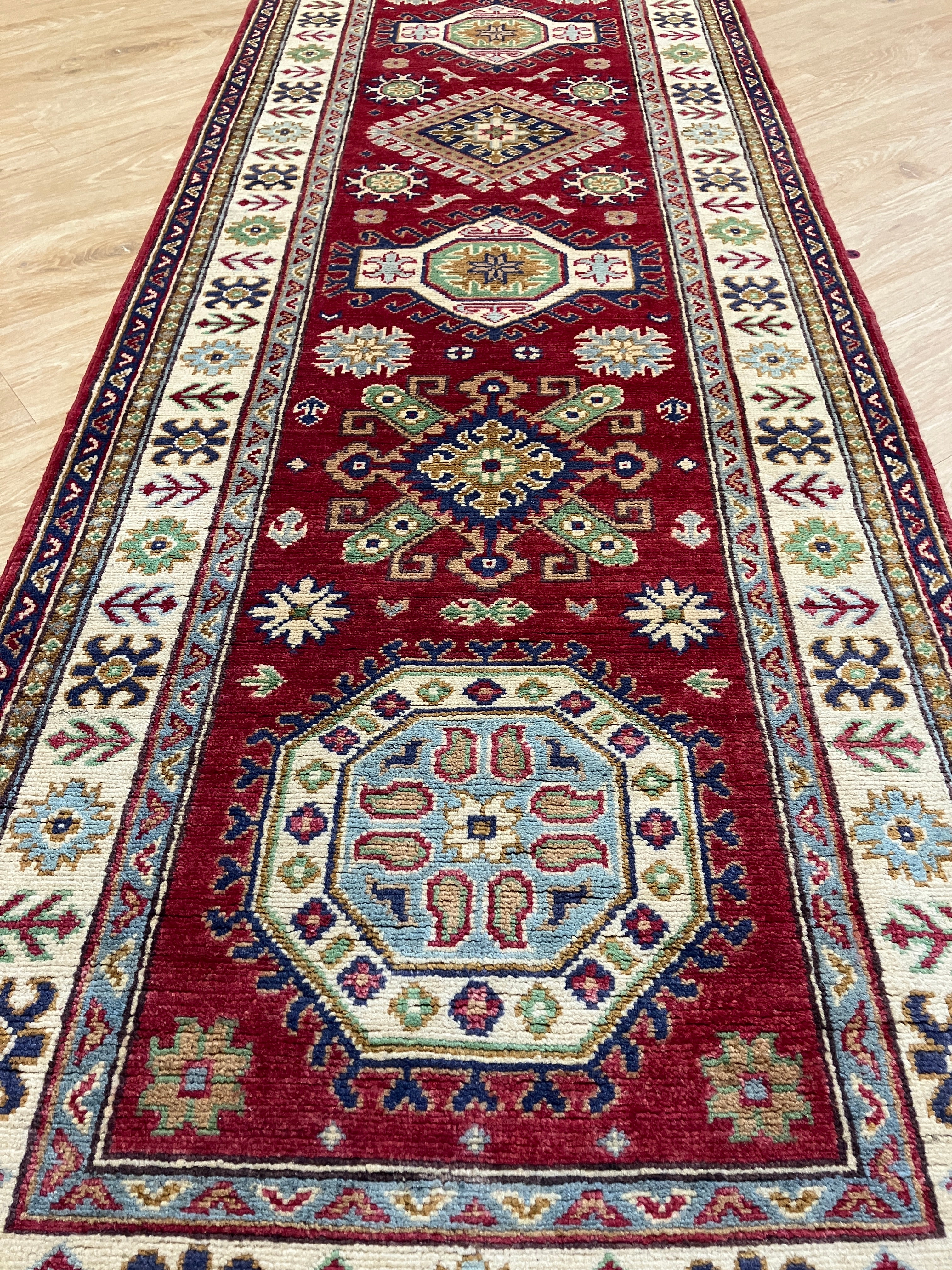 Kazak Runner - 2' 07" x 9' 08" - Red Ivory Green - Hand Knotted Wool Traditional Classic Kazak Runner