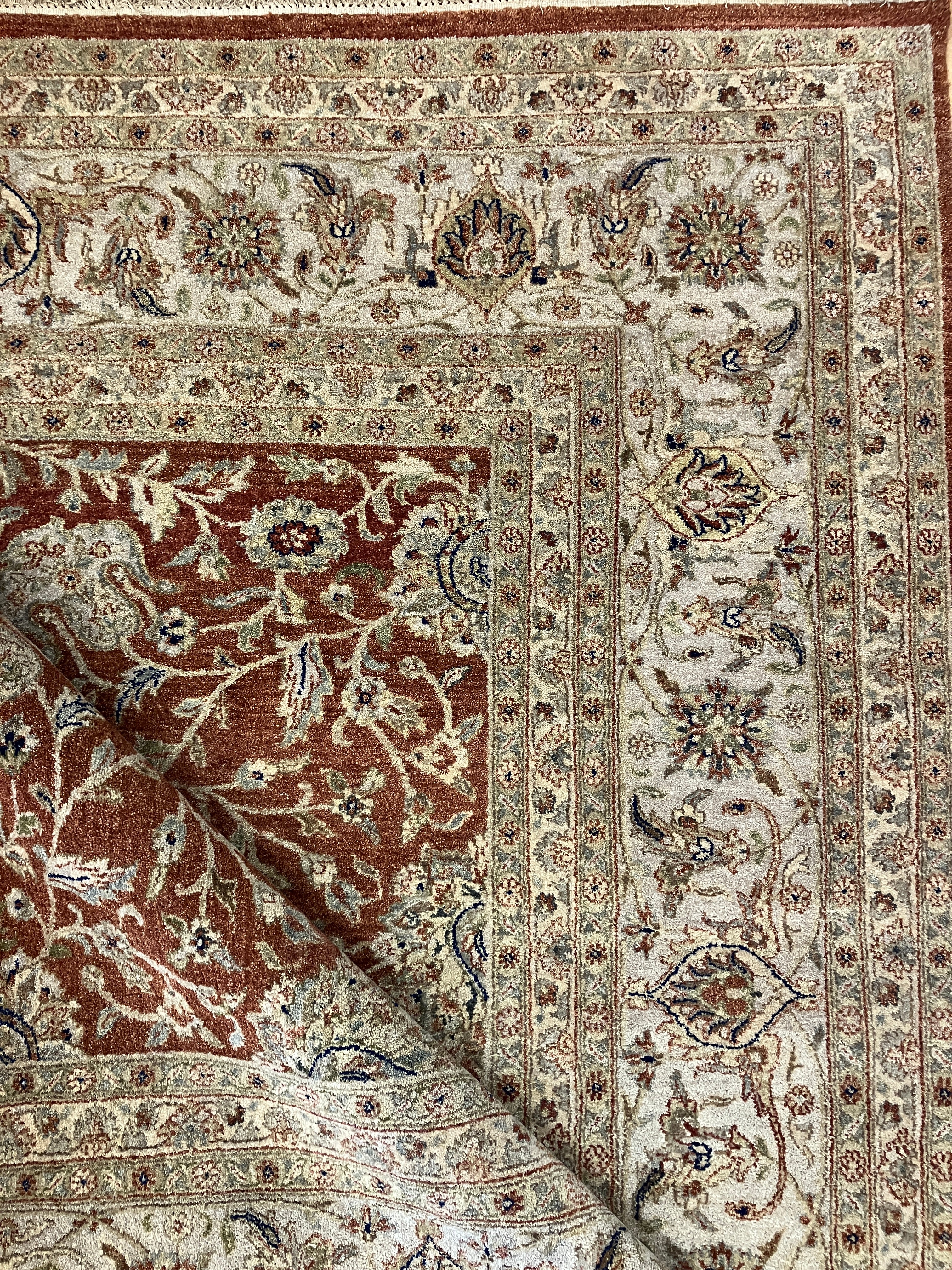 Persian Fine Tabriz Extra Large Area Rug - 11' 00" x 15' 10" - Earthy Orange, Sage & Beige / Brown - Hand Knotted Wool Classic Traditional Area Rug