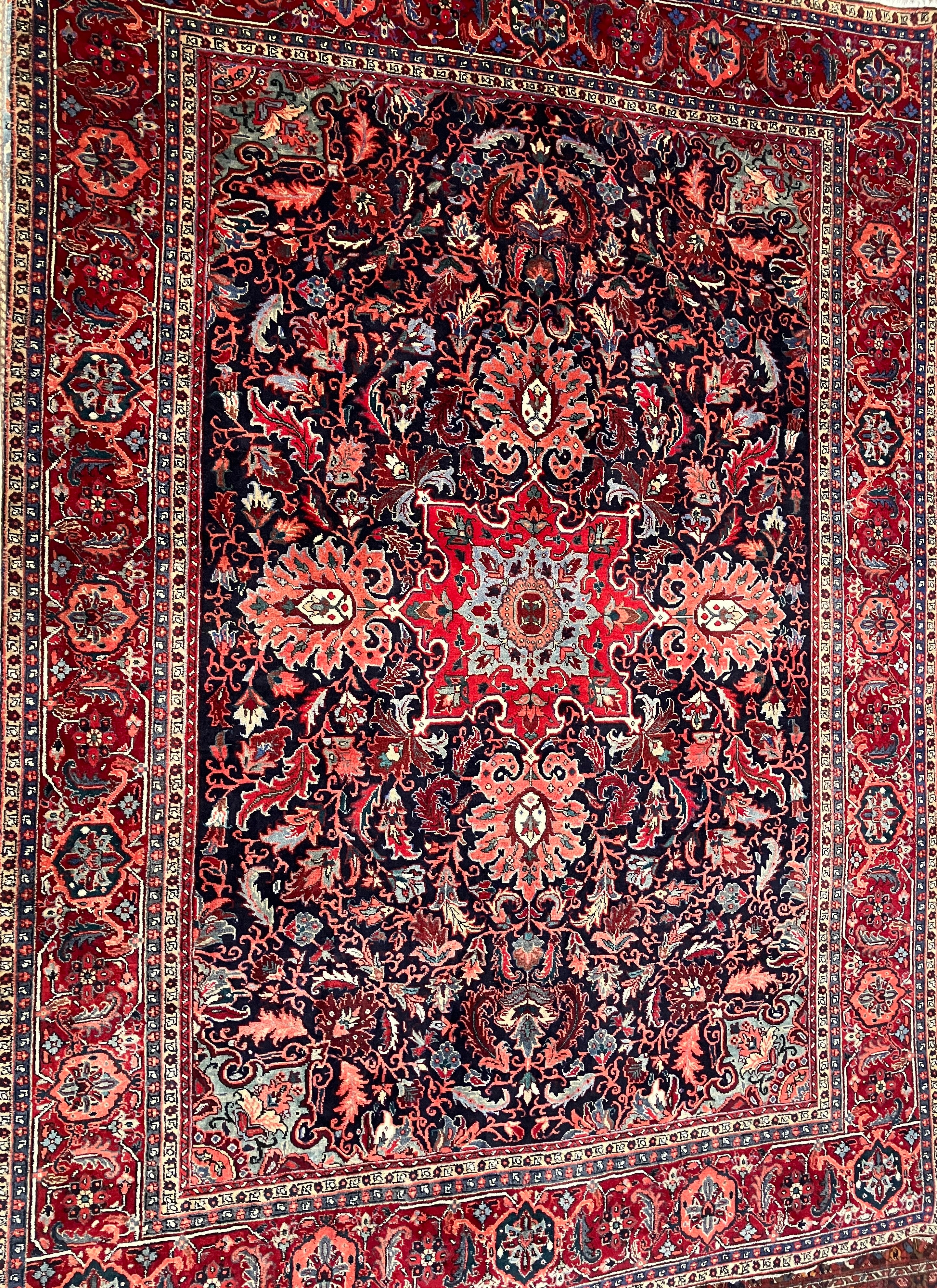 Semi Antique 1950's Persian Bidjar Area Rug - 8' 06" x 11' 08" - Floral Red, Navy, Coral, Ivory - Hand Knotted Wool Classic Traditional Area Rug