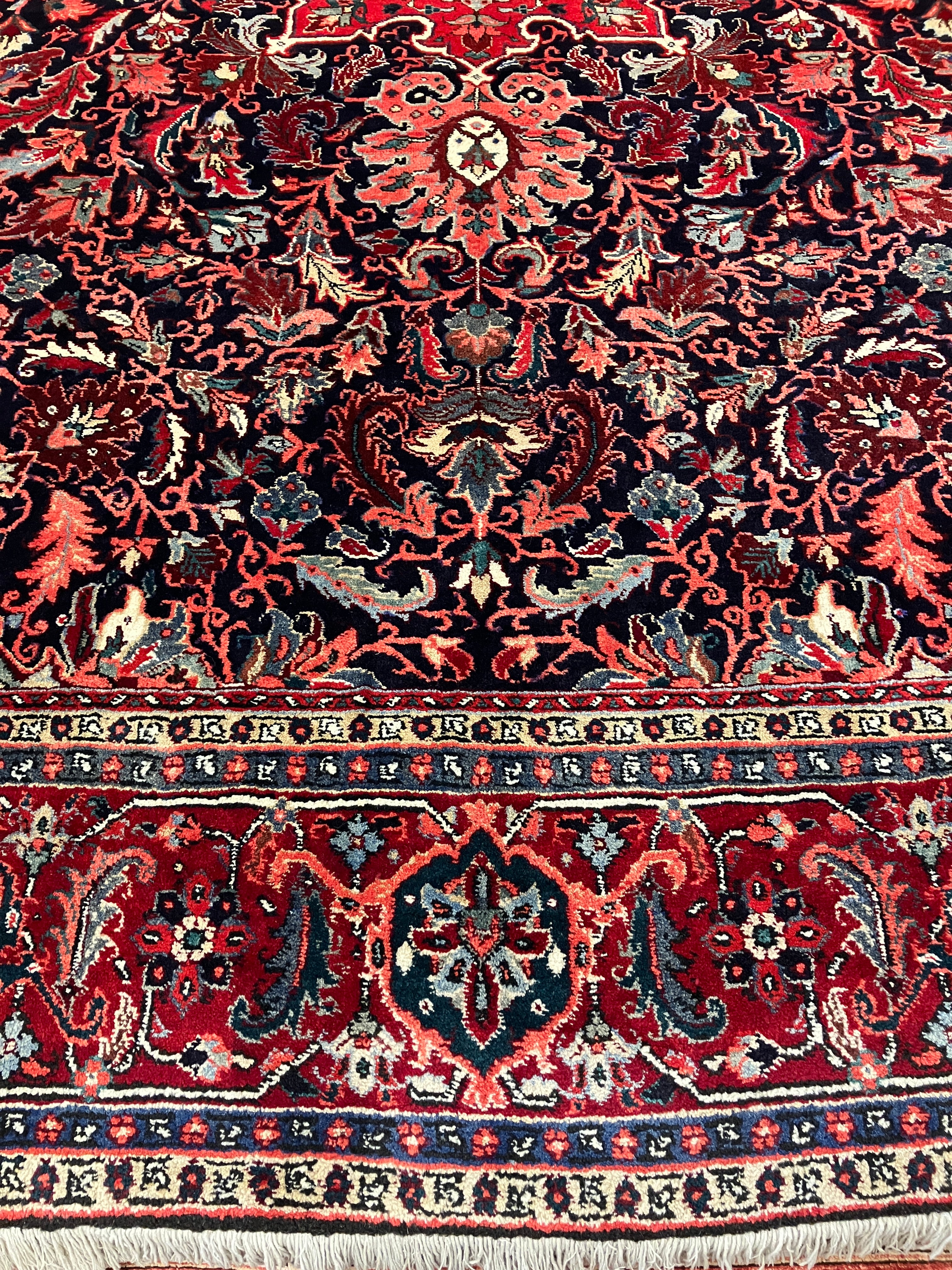 Semi Antique 1950's Persian Bidjar Area Rug - 8' 06" x 11' 08" - Floral Red, Navy, Coral, Ivory - Hand Knotted Wool Classic Traditional Area Rug