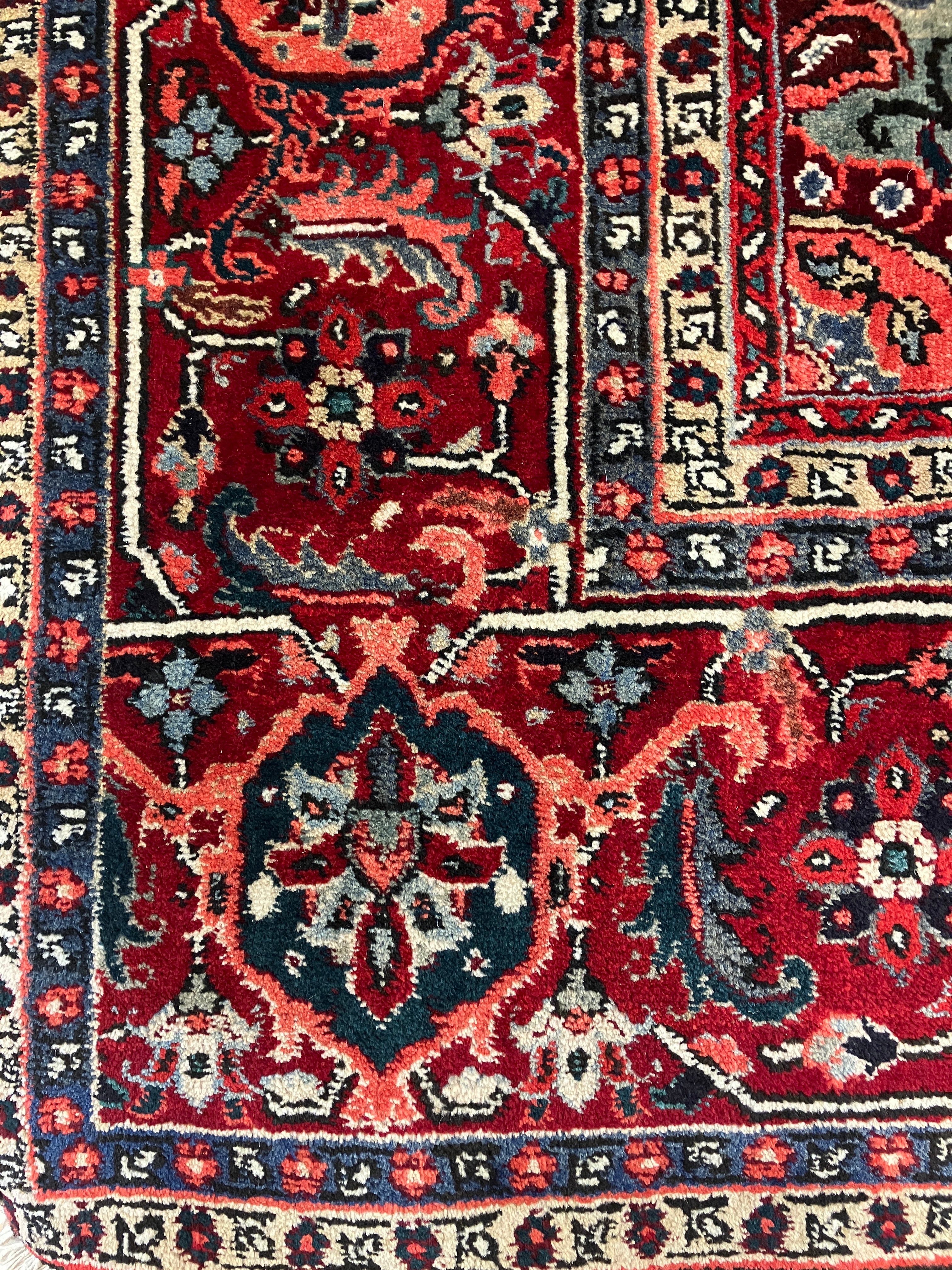 Semi Antique 1950's Persian Bidjar Area Rug - 8' 06" x 11' 08" - Floral Red, Navy, Coral, Ivory - Hand Knotted Wool Classic Traditional Area Rug