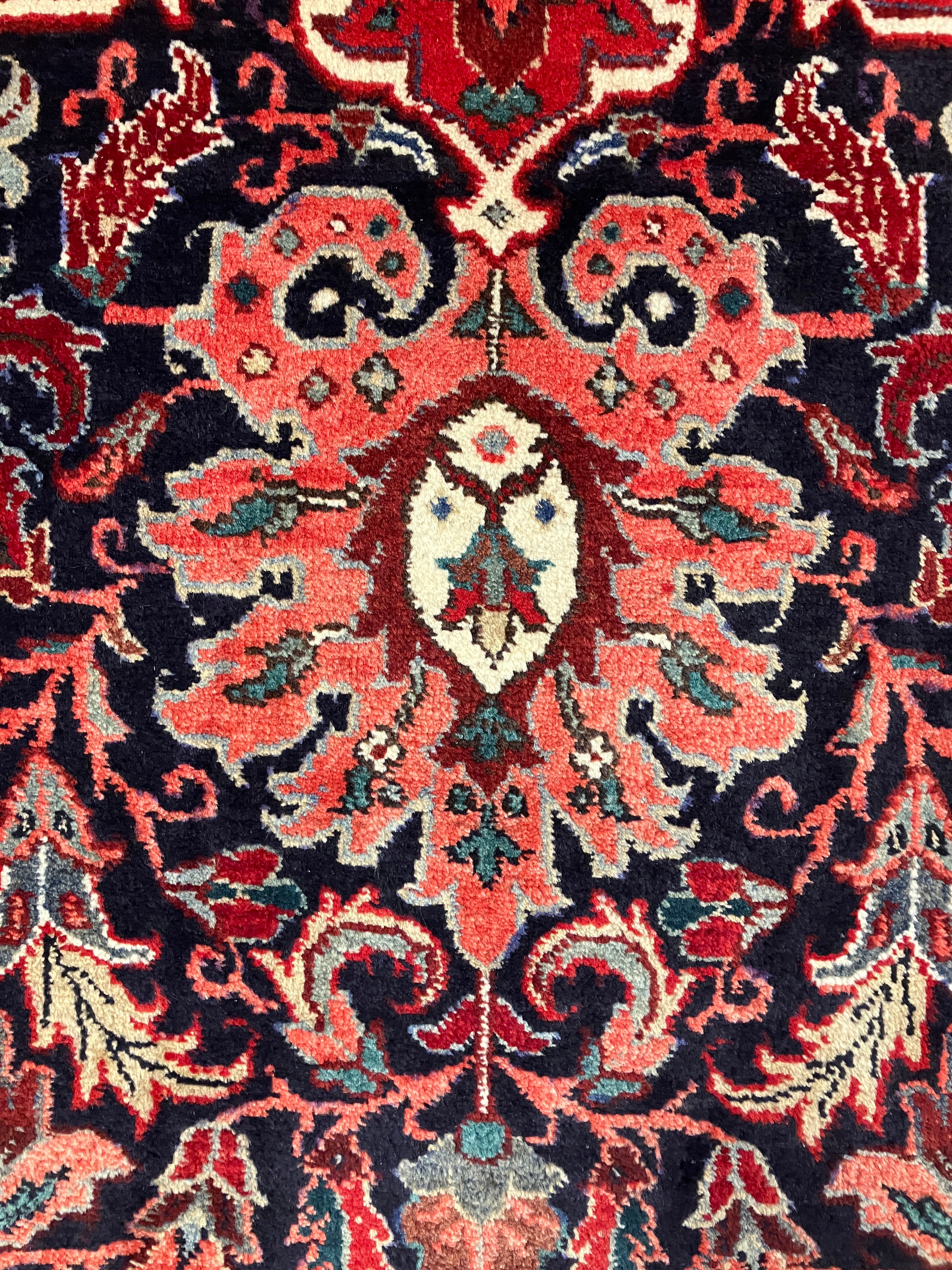 Semi Antique 1950's Persian Bidjar Area Rug - 8' 06" x 11' 08" - Floral Red, Navy, Coral, Ivory - Hand Knotted Wool Classic Traditional Area Rug