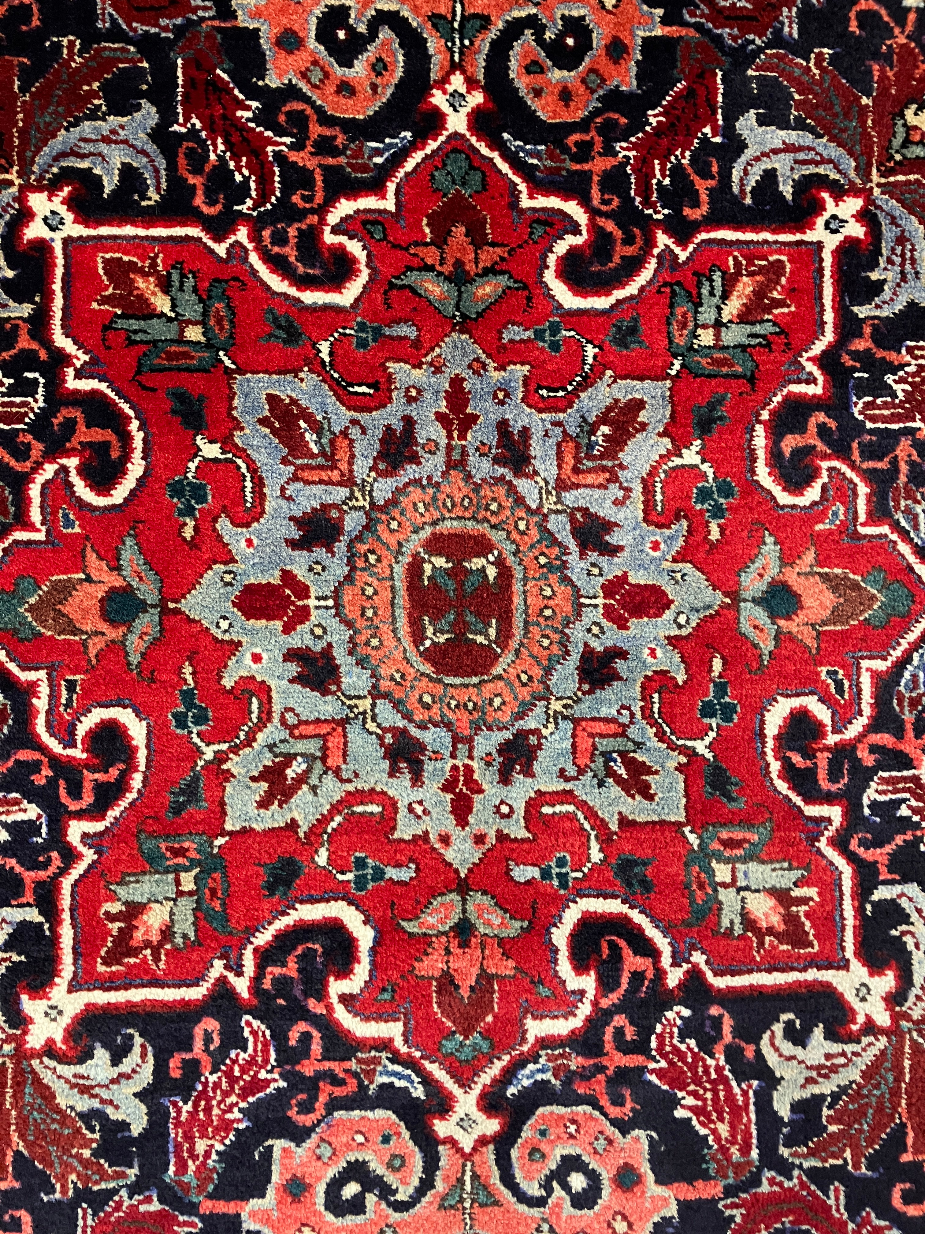 Semi Antique 1950's Persian Bidjar Area Rug - 8' 06" x 11' 08" - Floral Red, Navy, Coral, Ivory - Hand Knotted Wool Classic Traditional Area Rug