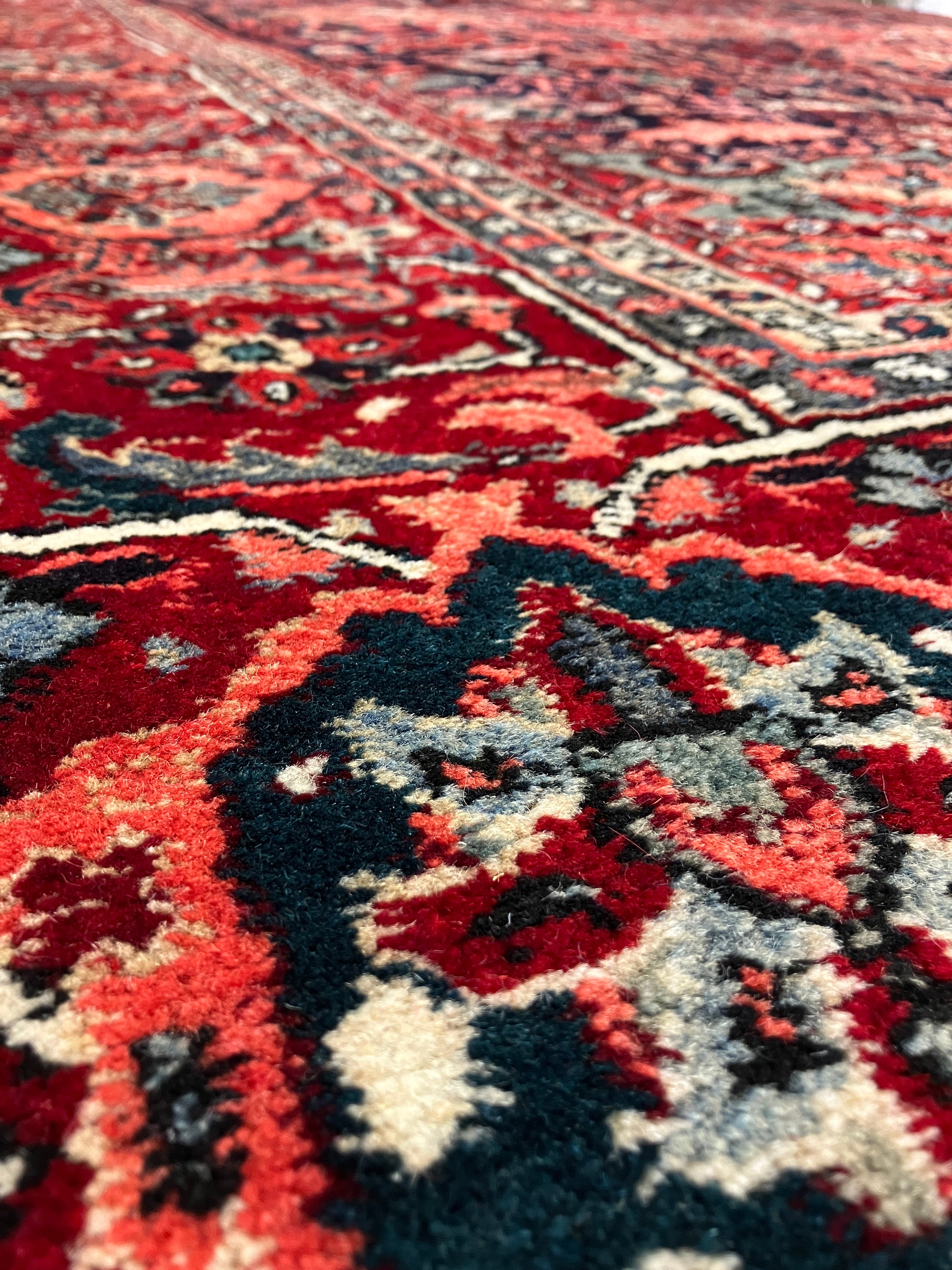 Semi Antique 1950's Persian Bidjar Area Rug - 8' 06" x 11' 08" - Floral Red, Navy, Coral, Ivory - Hand Knotted Wool Classic Traditional Area Rug