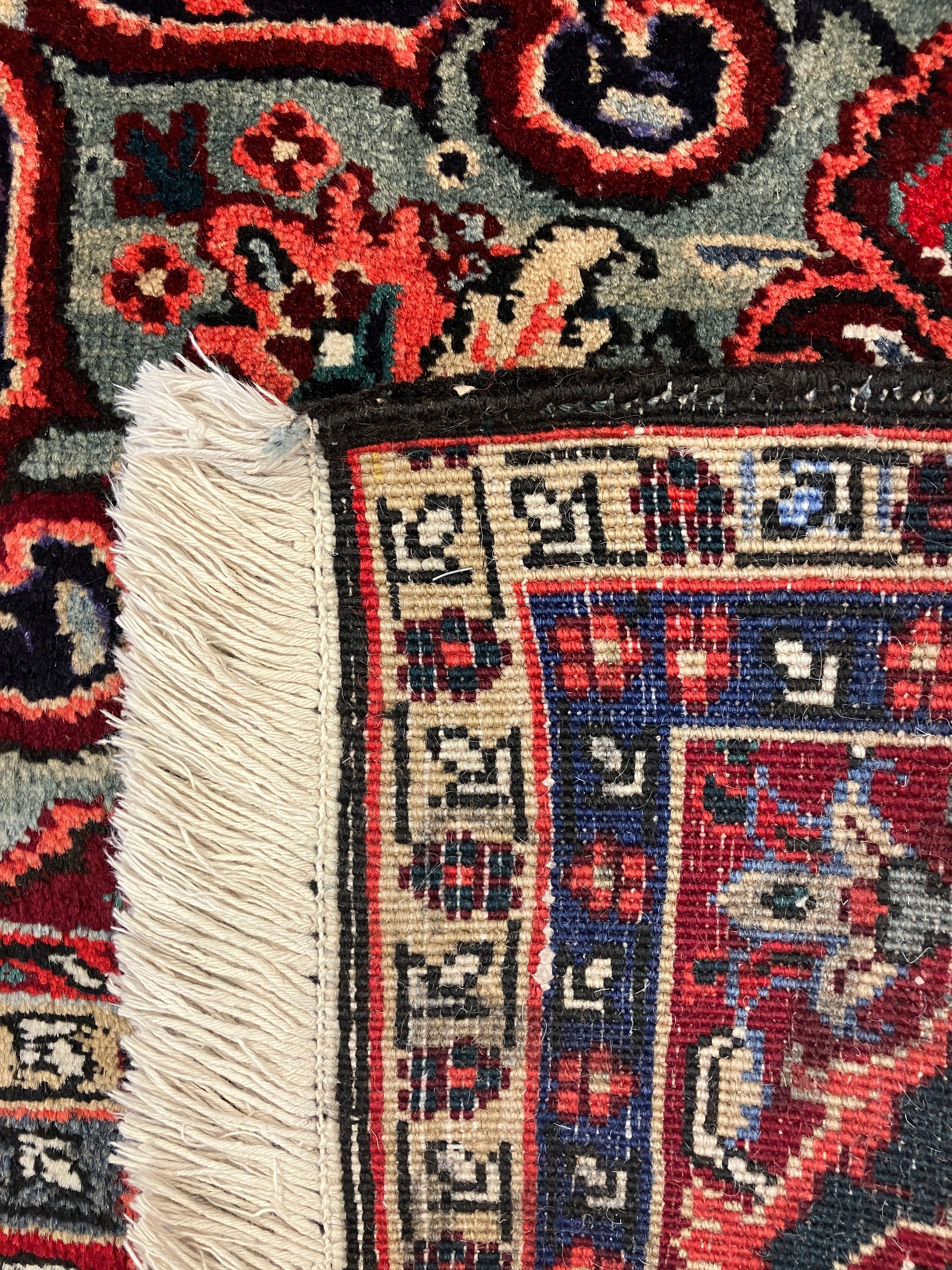 Semi Antique 1950's Persian Bidjar Area Rug - 8' 06" x 11' 08" - Floral Red, Navy, Coral, Ivory - Hand Knotted Wool Classic Traditional Area Rug