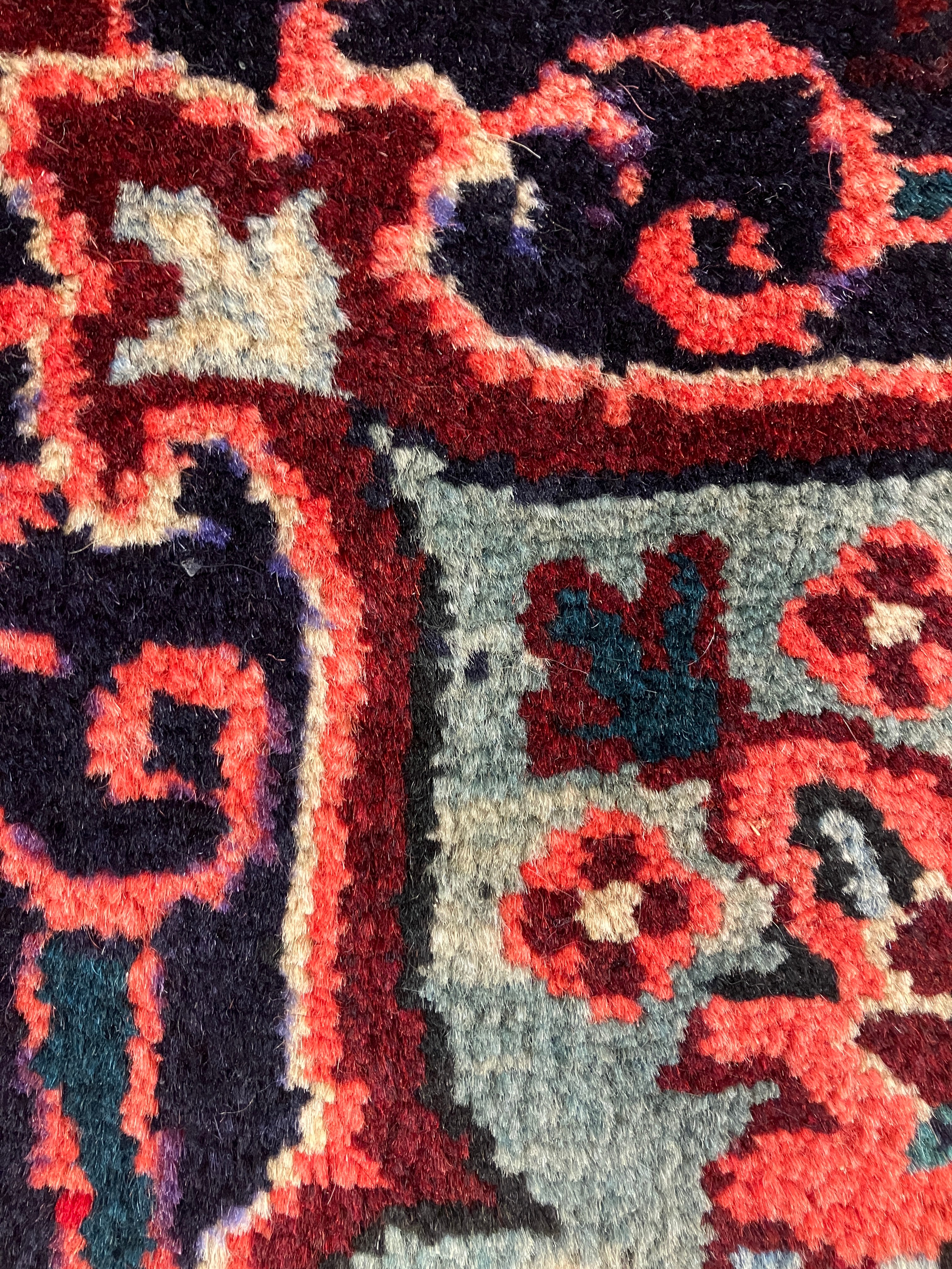 Semi Antique 1950's Persian Bidjar Area Rug - 8' 06" x 11' 08" - Floral Red, Navy, Coral, Ivory - Hand Knotted Wool Classic Traditional Area Rug