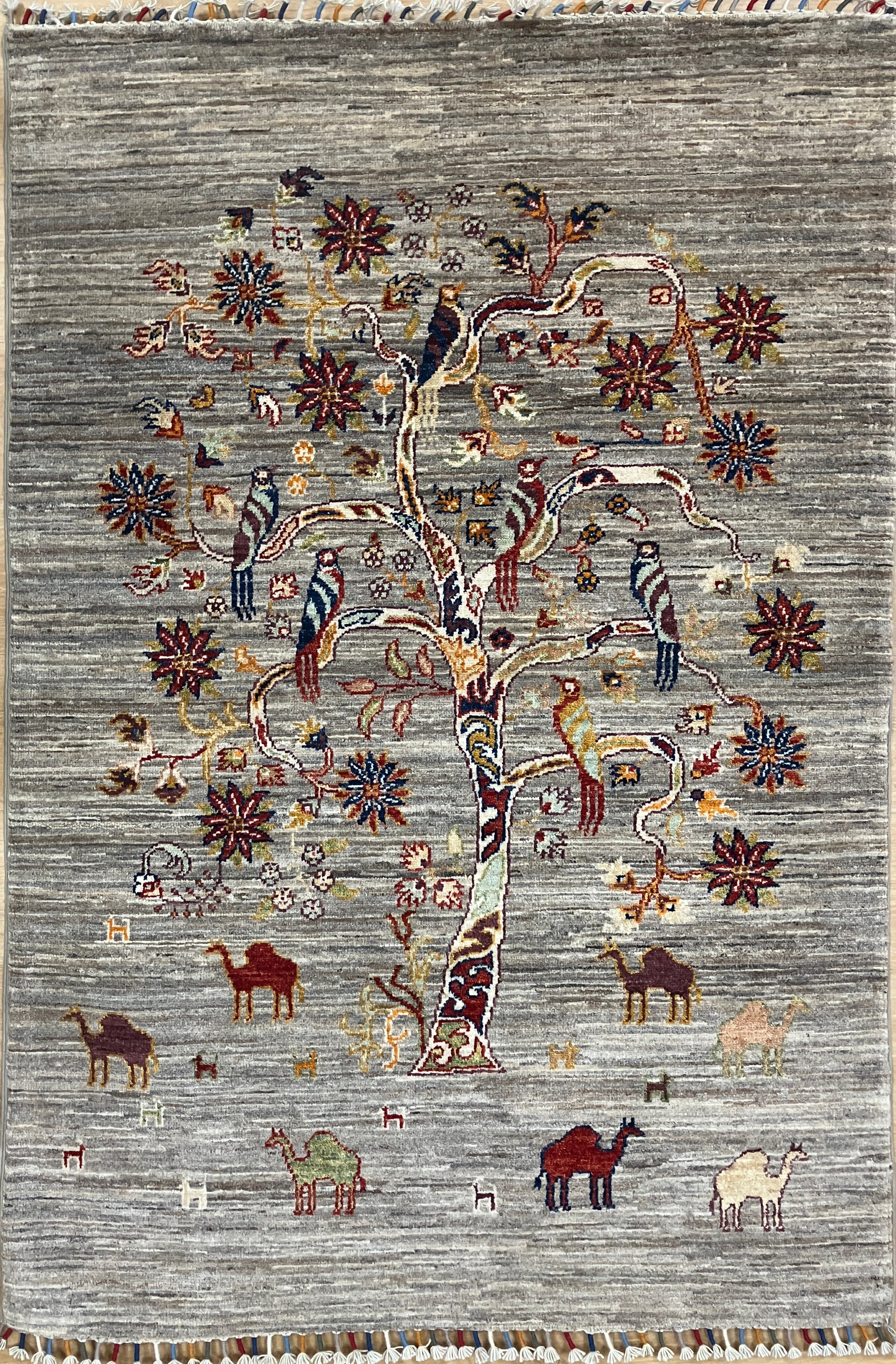 Ziegler Tree of Life Animal Scene - 3' 05" x 5' 00" - Grey with Multicolor Animal Garden Scene - Hand Knotted Classic Wool Rug