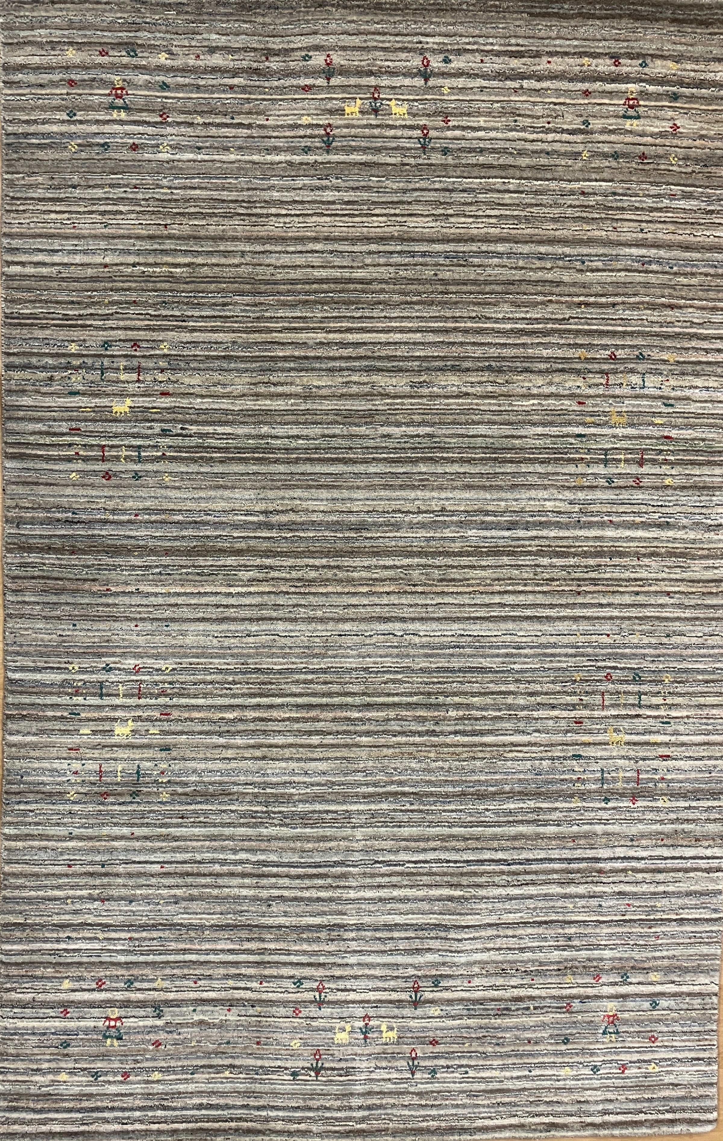 Gabbeh - 5' 00" x 7' 10" - Beige Earthy Multicolor Stripes - Hand Knotted Tribal Rustic Wool Rug