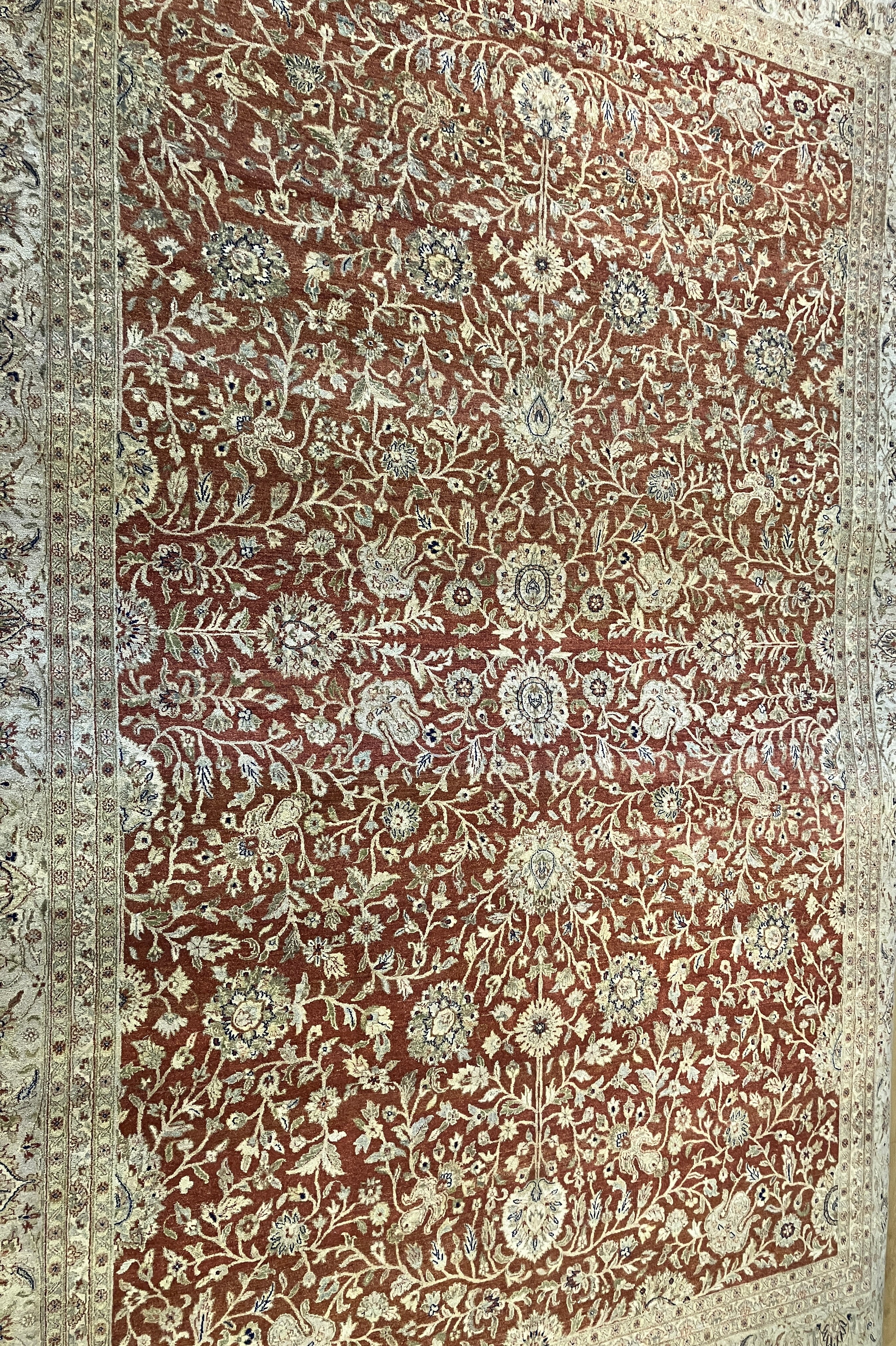 Persian Fine Tabriz Extra Large Area Rug - 11' 00" x 15' 10" - Earthy Orange, Sage & Beige / Brown - Hand Knotted Wool Classic Traditional Area Rug