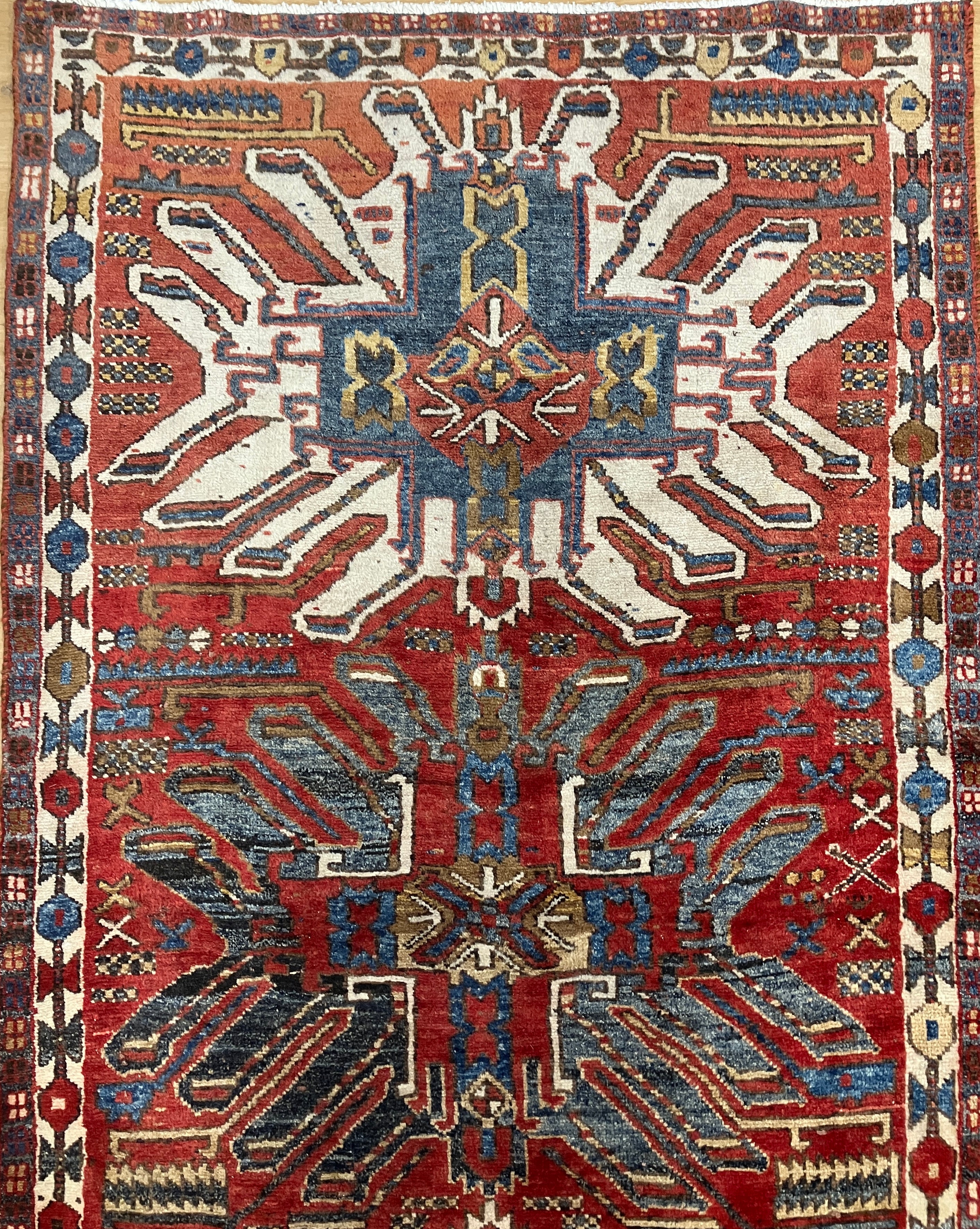 Vintage Persian Heriz - 3' 06" x 9' 05" - Red, Ivory & Red - 40-50 Year Old Hand Knotted Tribal Rustic Classic Wool Rug