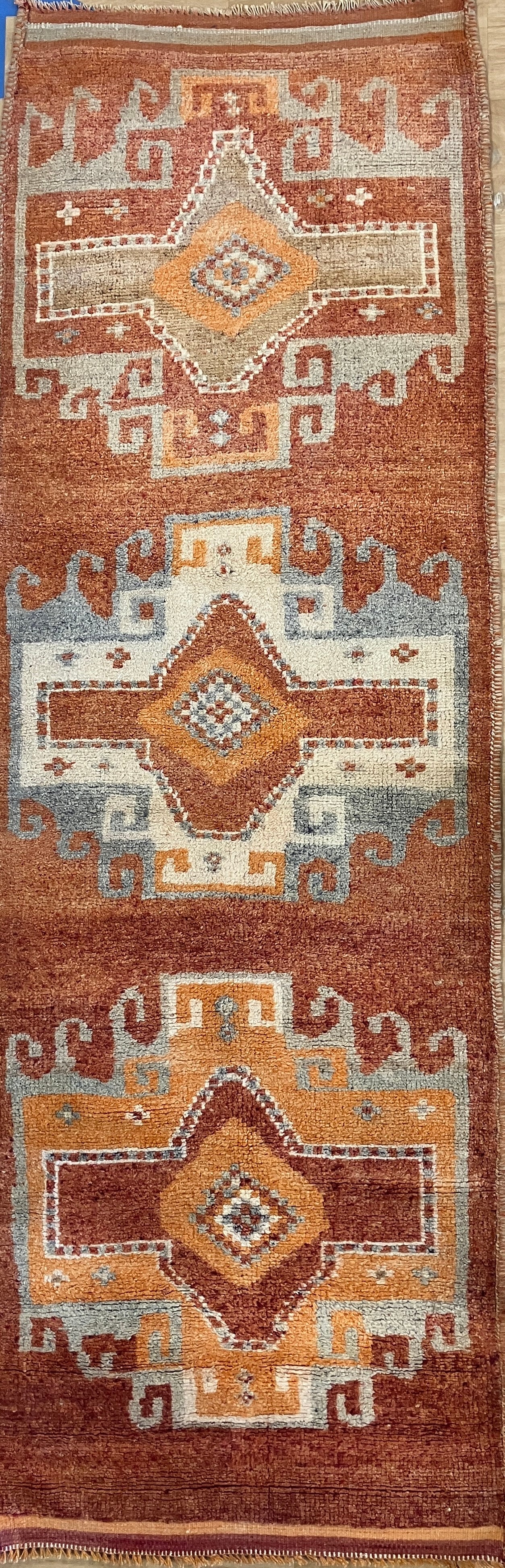 Vintage Turkish Oushak - 3' 03" x 9' 04" - Orange, Grey & Ivory - 30-35 Year Old Hand Knotted Tribal Rustic Classic Wool Rug