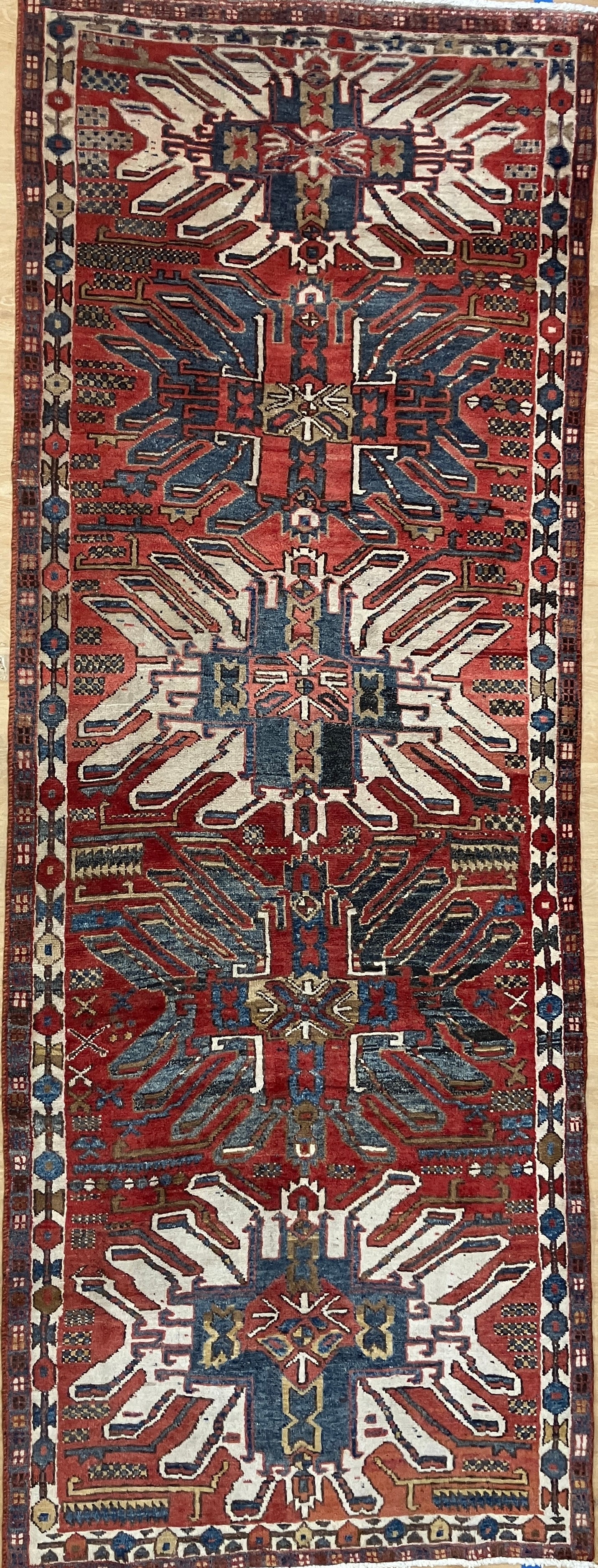 Vintage Persian Heriz - 3' 06" x 9' 05" - Red, Ivory & Red - 40-50 Year Old Hand Knotted Tribal Rustic Classic Wool Rug