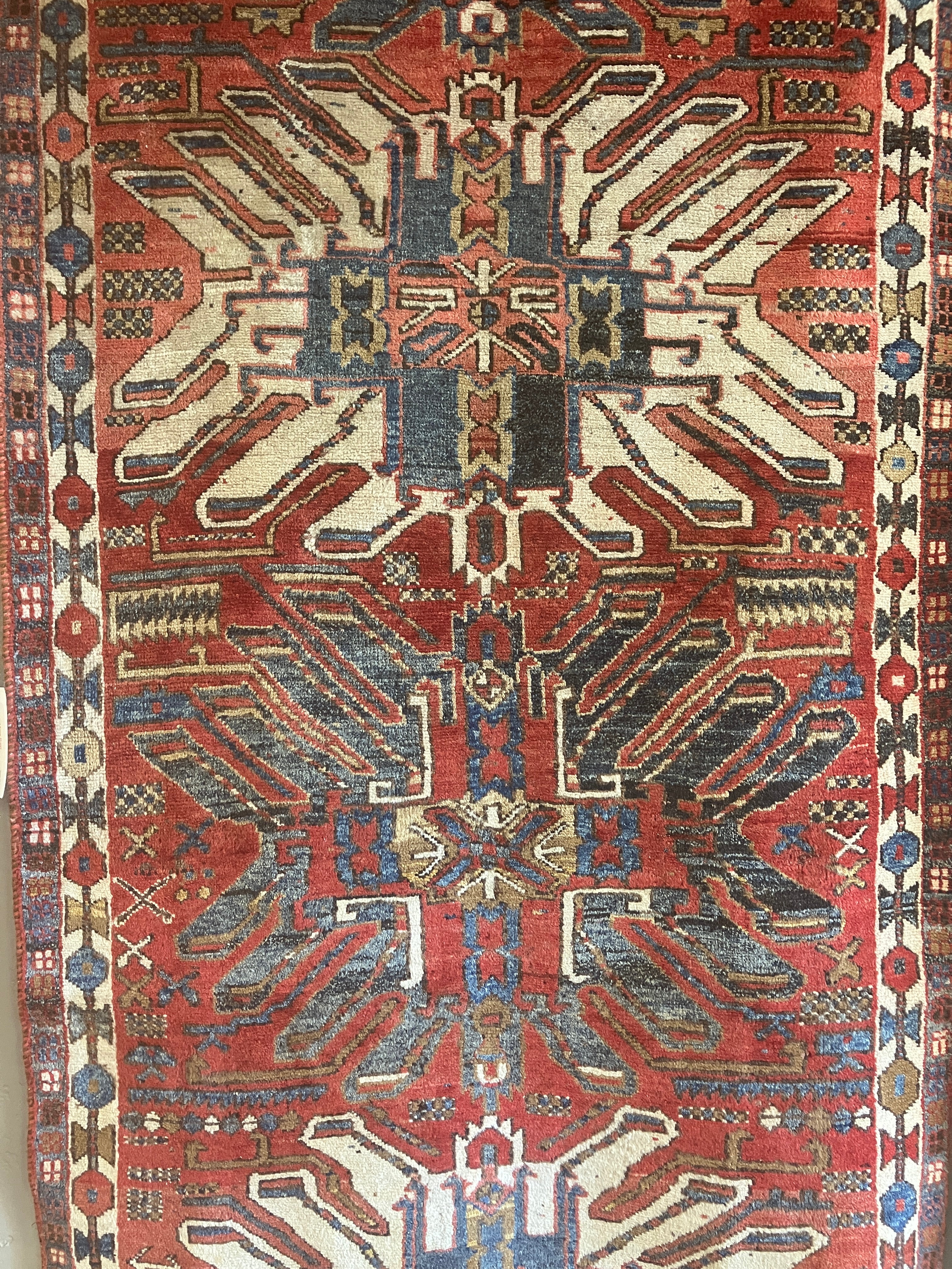 Vintage Persian Heriz - 3' 06" x 9' 05" - Red, Ivory & Red - 40-50 Year Old Hand Knotted Tribal Rustic Classic Wool Rug